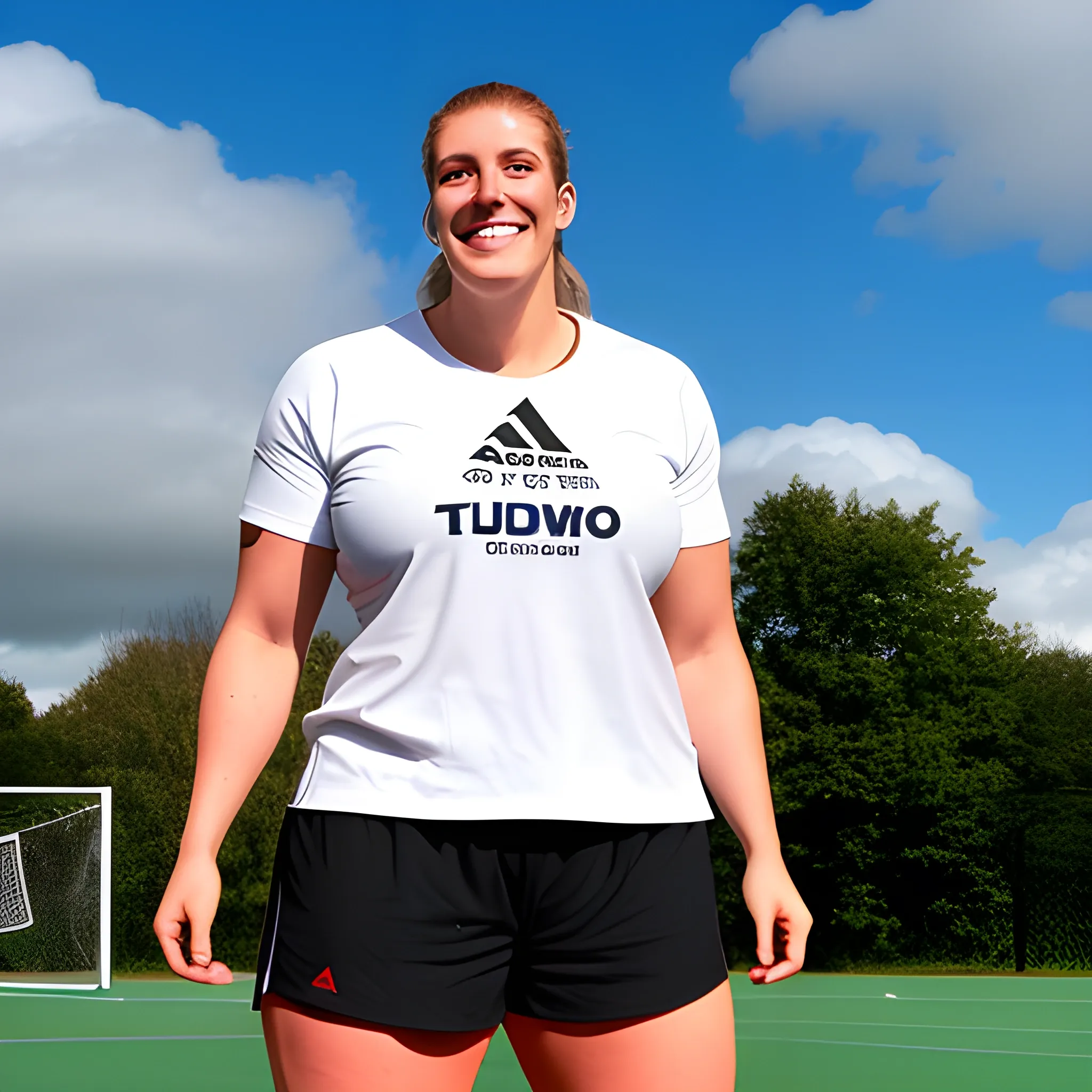 8 ft tall very big, massive and strong nicely smiling young blonde schoolgirl in T-shirt and shorts 
training judo with her trainer in school training ground under clouds towerring among younger and smaller schoolchildren