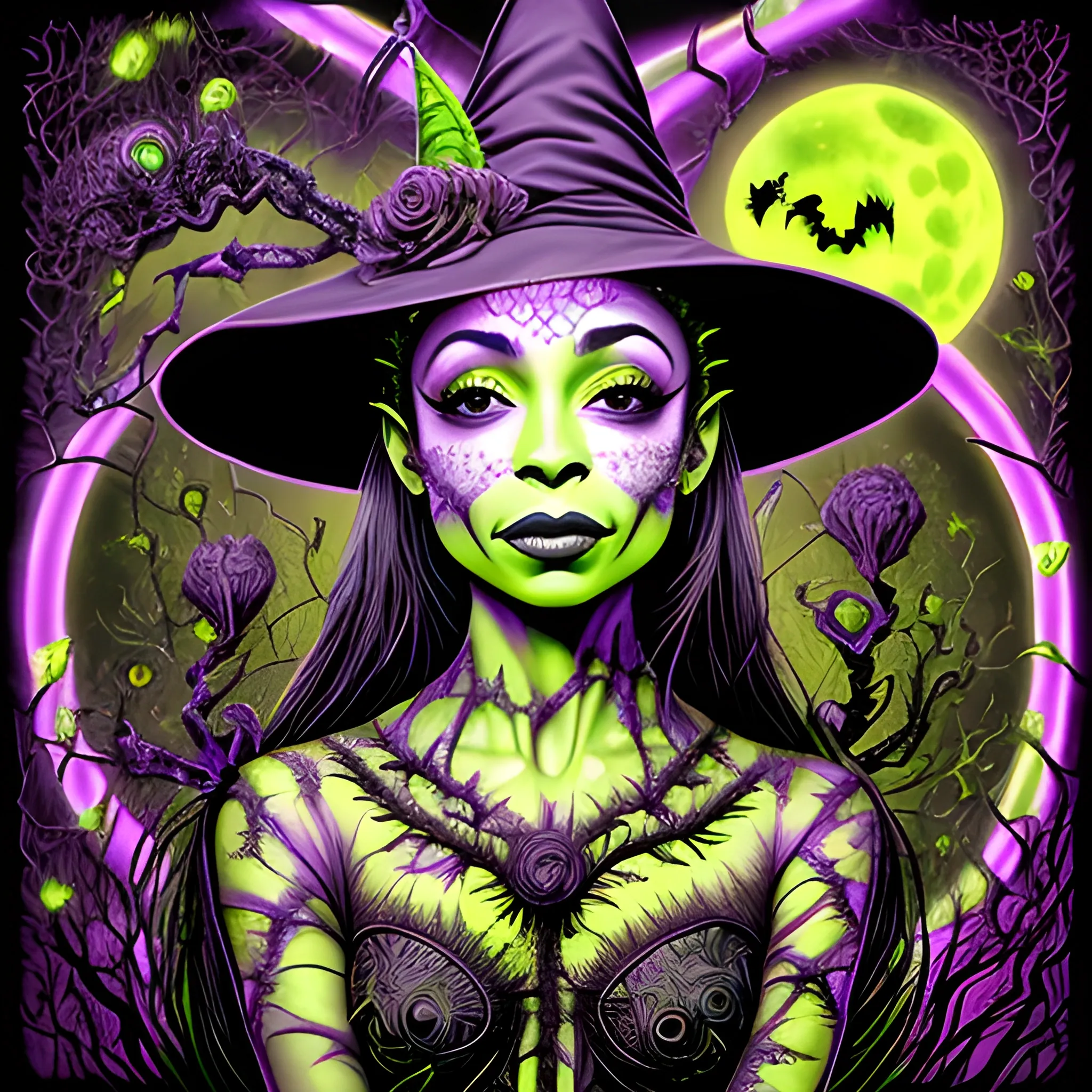 Sade Adu as a Halloween Witch, wearing a thorny witch hat adorned with thorns and black roses; Halloween, bats, full moon in a nebula sky, neon spray paint, acrylic paint, fantastical surrealist world, in the style of Stephen Gammell, extremely detailed Zentangle style, sick, gothic, eldritch, candles, neon grape purple, dayglo orange, chartreuse green, Halloween