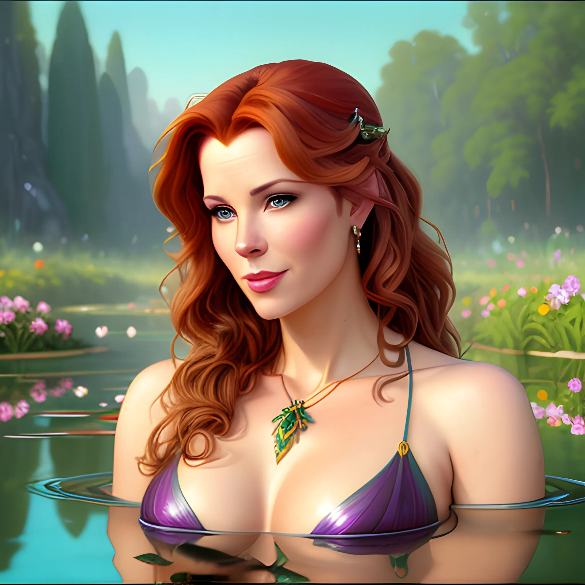 young Robyn Lively at a lotus pond; highly detailed beautiful face; glitter, renaissance; high contrast, pastel, sorbet, pearlescent, Unreal Engine 5; by Dan Parent, Alphonse Mucha, Artgerm, WLOP, intricately detailed, fantasy, bizarre, beautiful, Chromolithography, Soft Shading, Unreal Engine; digital painting, smooth, sharp focus, illustration, art by lisa frank, Steve Goad, Frank Frazetta, William-Adolphe Bouguereau, Unreal Engine 5, Cartoon, 3D, Oil Painting, 3D