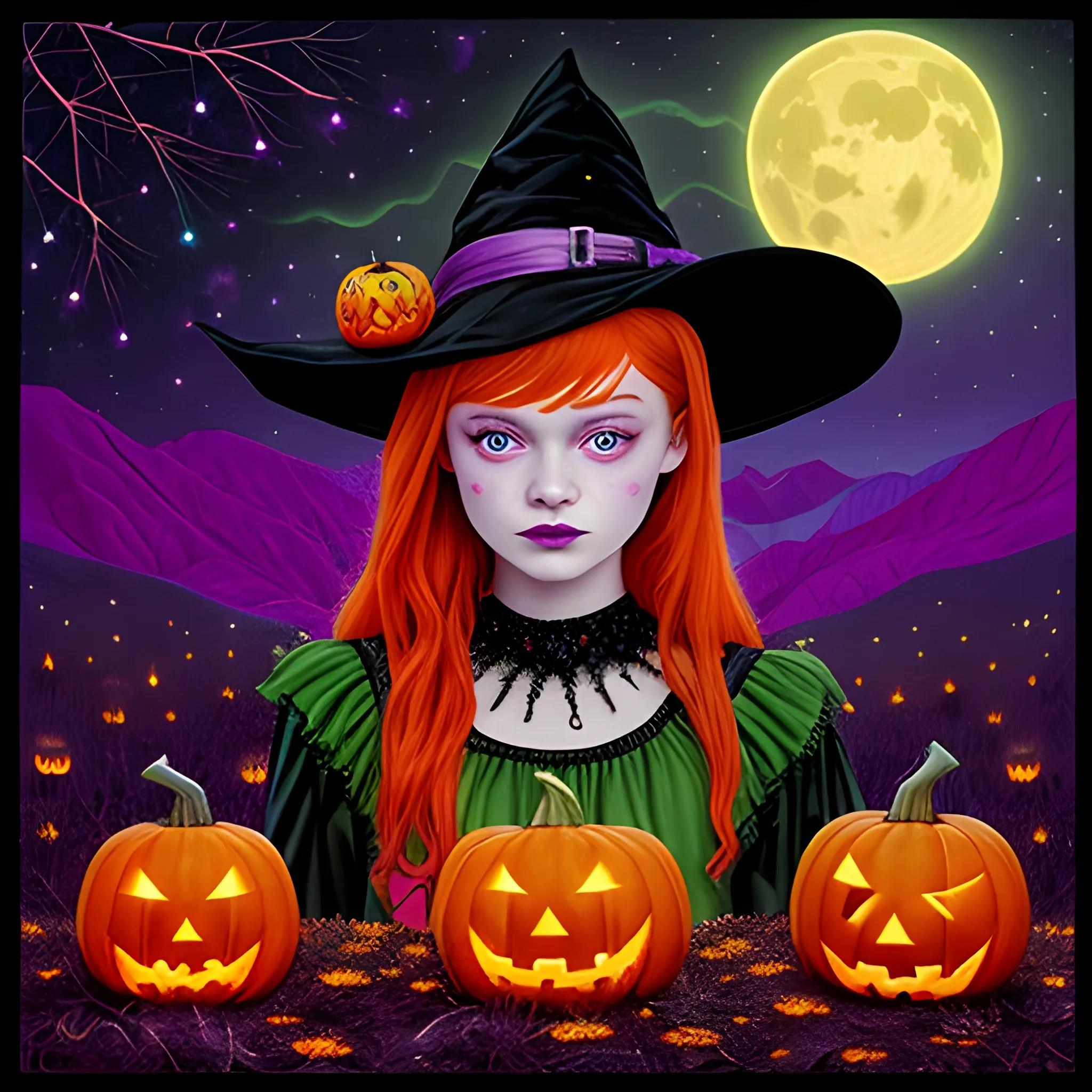 Bella Thorne / Sadie Sink face morph as a Halloween Witch, wearing a thorny witch hat adorned with thorns and black roses; Halloween, bats, full moon in a nebula sky, neon spray paint, acrylic paint, fantastical surrealist world, in the style of Stephen Gammell, extremely detailed, sick, gothic, eldritch, candles, neon grape purple, dayglo orange, chartreuse green, Halloween perfect purple pumpkins, green skulls, orange bats, magic, candles, cobweb, spider, glitter, luminous color sparkles, dayglo orange, neon grape purple, chartreuse green, hot pink, stars, sparkles, glitter, lanterns, gourds, Halloween; Goddess of the Night with a crescent moon and many stars in the style of Maxfield Parrish, starry night, James R. Eads, 3D