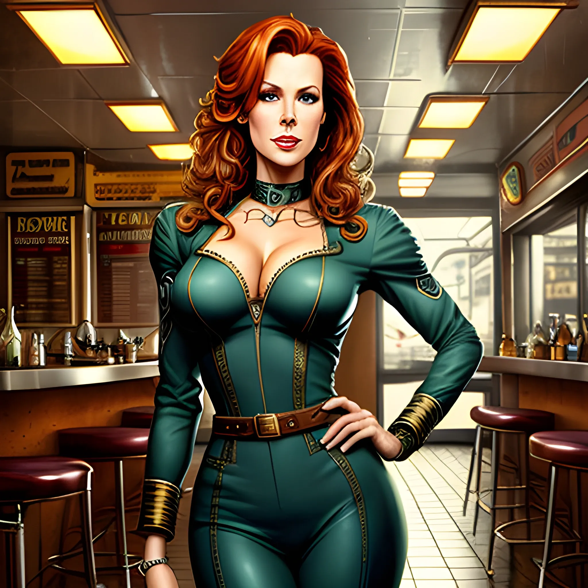 young Robyn Lively in a 50's diner, meticulously detailed eyes, perfect full-length body, perfect anatomy, her highly detailed face, meticulously detailed hair and clothes by artist "Aleksi Briclot" and Russ Mills, Dan Mumford, teen witch 