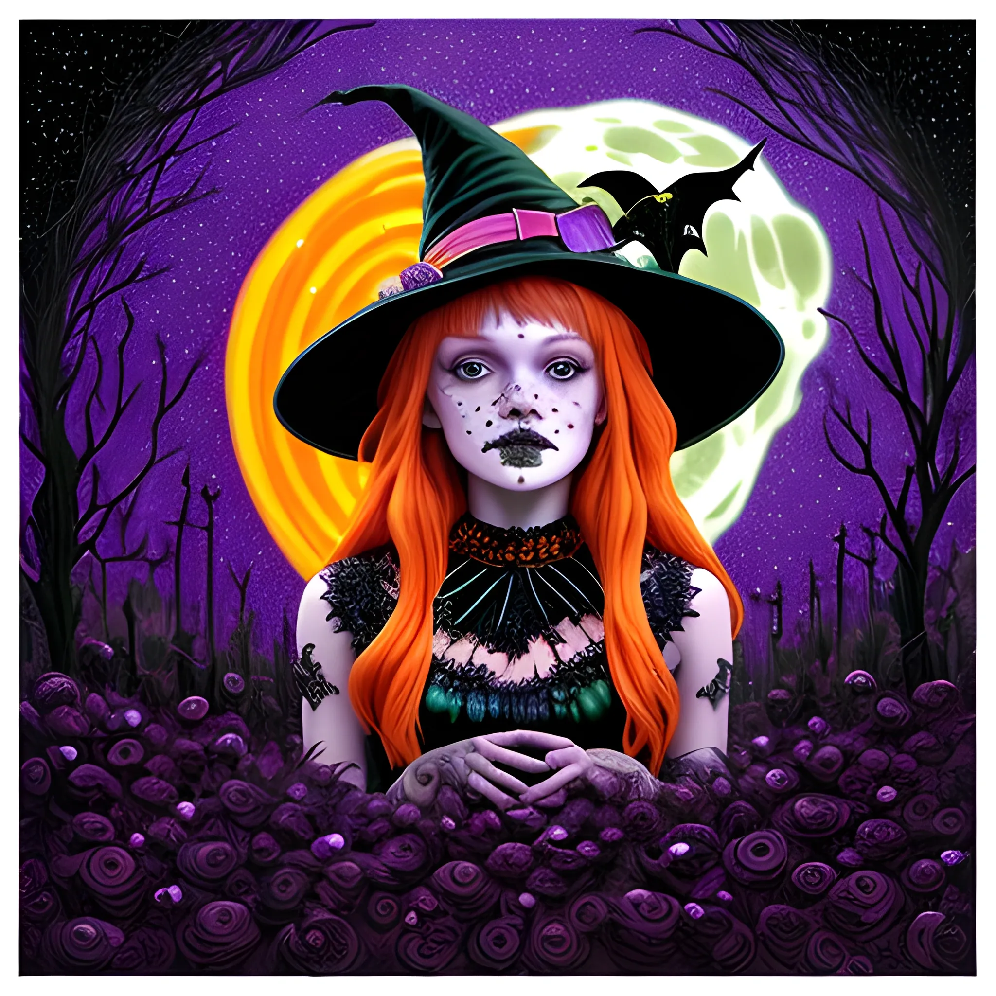 Bella Thorne / Sadie Sink face morph as a Halloween Witch, wearing a thorny witch hat adorned with thorns and black roses; Halloween, bats, full moon in a nebula sky, neon spray paint, acrylic paint, fantastical surrealist world, in the style of Stephen Gammell, extremely detailed, sick, gothic, eldritch, candles, neon grape purple, dayglo orange, chartreuse green, Halloween perfect purple pumpkins, green skulls, orange bats, magic, candles, cobweb, spider, glitter, luminous color sparkles, dayglo orange, neon grape purple, chartreuse green, hot pink, stars, sparkles, glitter, lanterns, gourds, Halloween; Goddess of the Night with a crescent moon and many stars in the style of Maxfield Parrish, starry night, James R. Eads