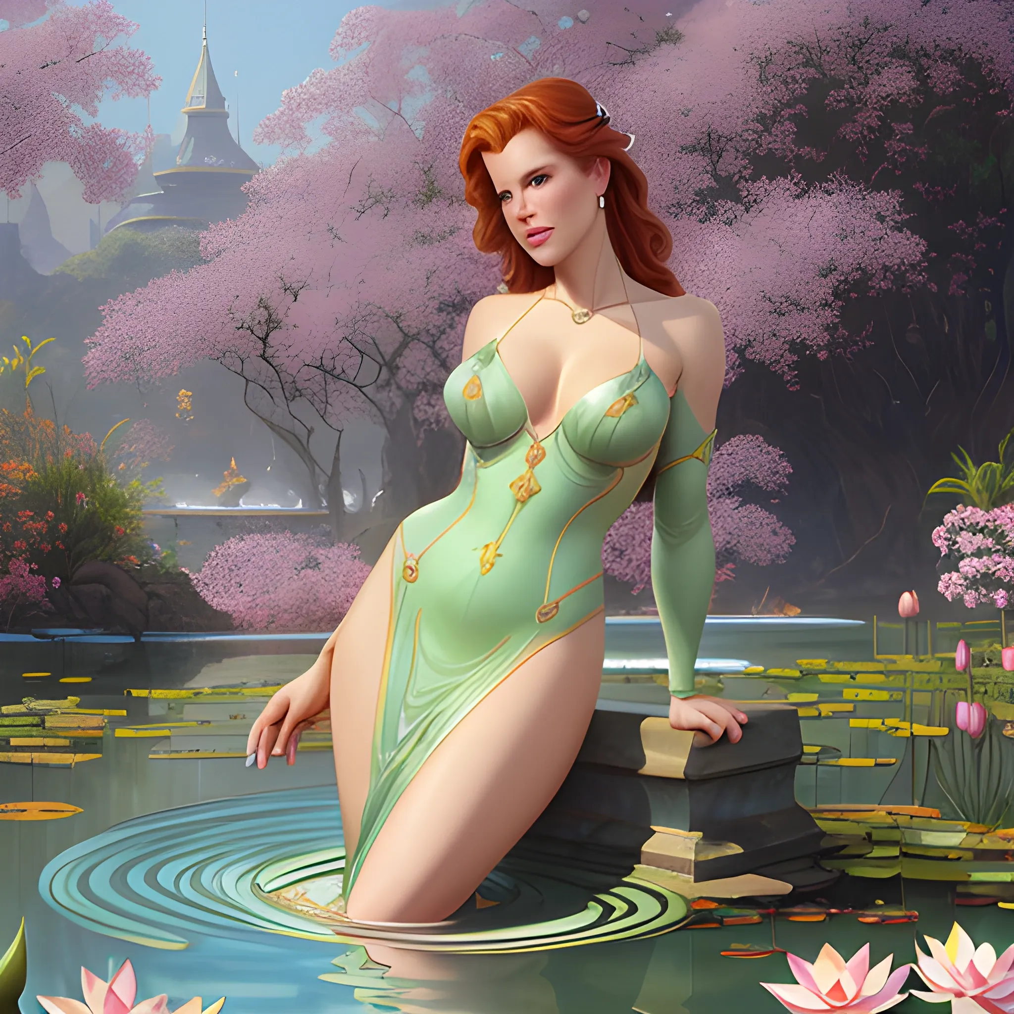 young Robyn Lively at a lotus pond; highly detailed beautiful face; glitter, renaissance; high contrast, pastel, sorbet, pearlescent, Unreal Engine 5; by Dan Parent, Alphonse Mucha, Artgerm, WLOP, intricately detailed, fantasy, bizarre, beautiful, Chromolithography, Soft Shading, Unreal Engine; digital painting, smooth, sharp focus, illustration, art by lisa frank, Steve Goad, Frank Frazetta, William-Adolphe Bouguereau, Unreal Engine 5, Cartoon, 3D, Oil Painting, 3D