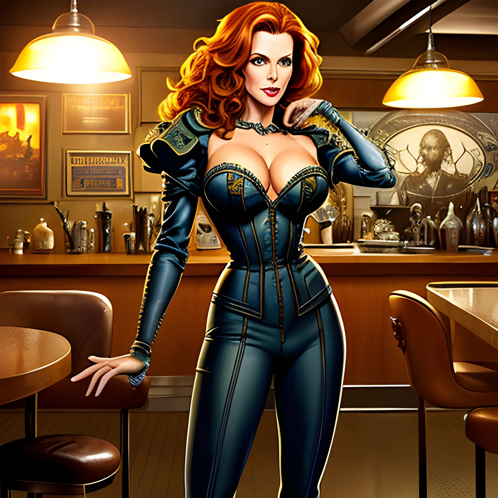 young Robyn Lively in a 50's diner, meticulously detailed eyes, perfect full-length body, perfect anatomy, her highly detailed face, meticulously detailed hair and clothes by artist "Aleksi Briclot" and Russ Mills, Dan Mumford, teen witch 