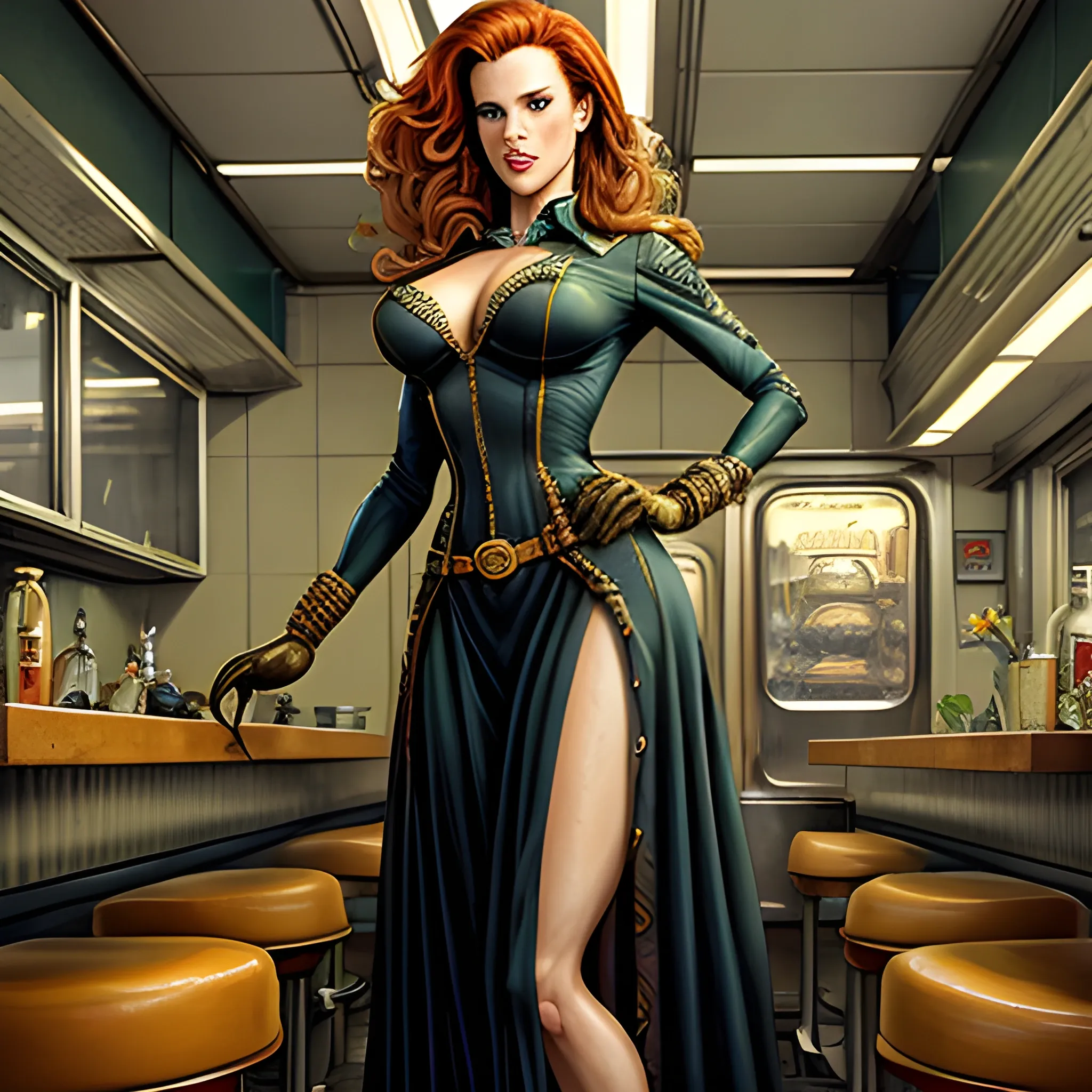 young Robyn Lively in a 50's diner, meticulously detailed eyes, perfect full-length body, perfect anatomy, her highly detailed face, meticulously detailed hair and clothes by artist "Aleksi Briclot" and Russ Mills, Dan Mumford, teen witch 