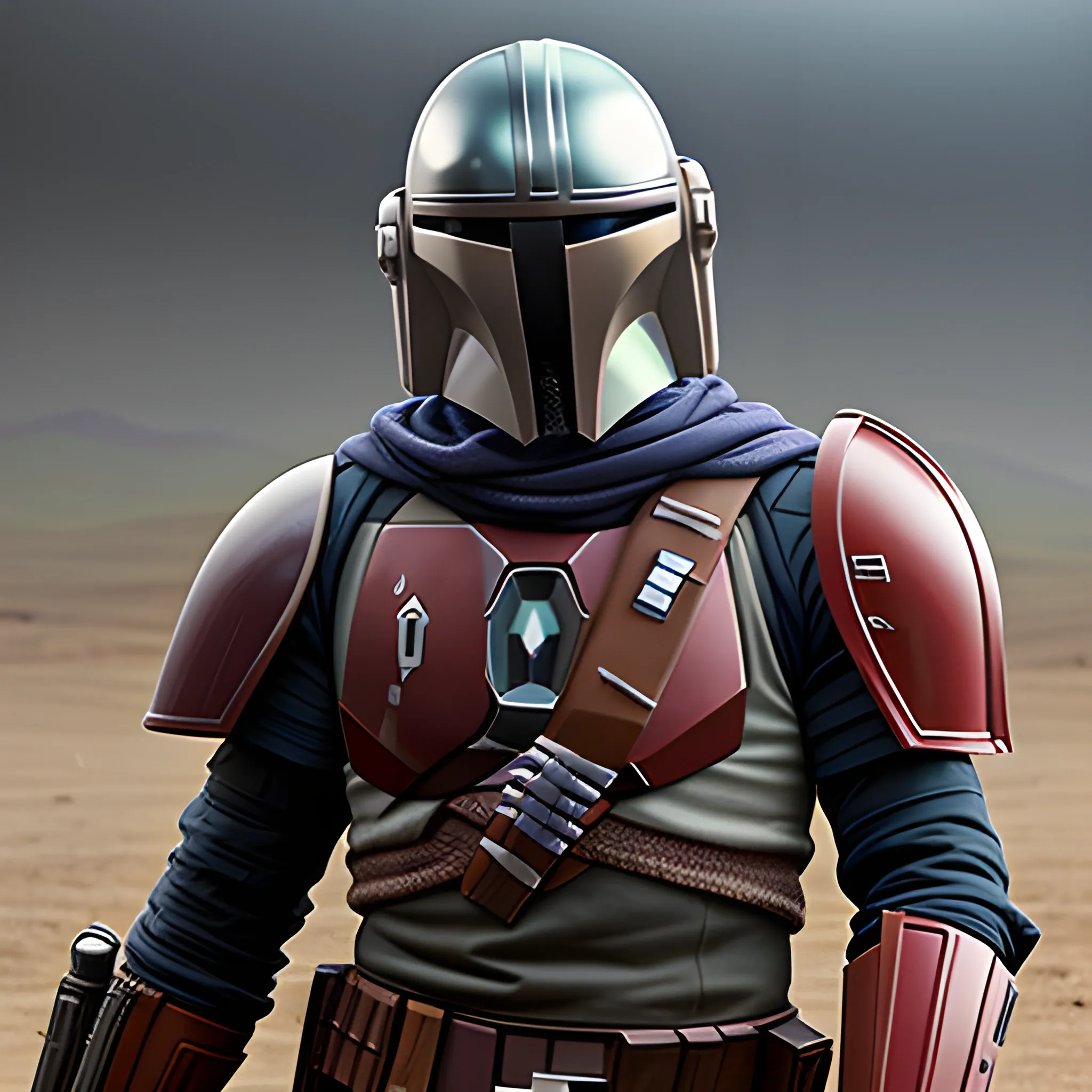 portrait of a Mandalorian male in ornate armor on a battlefield