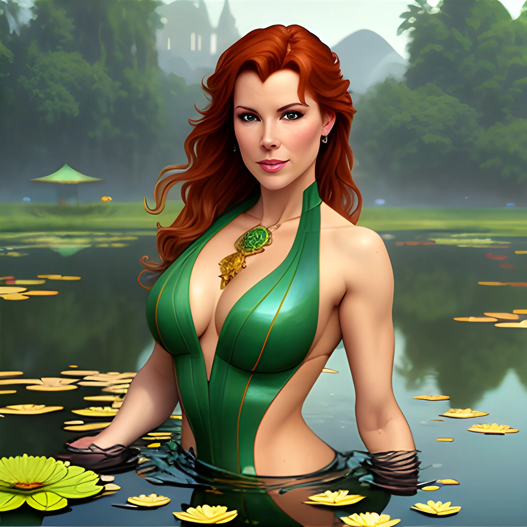 young Robyn Lively at a lotus pond; highly detailed beautiful face; glitter, renaissance; high contrast, pastel, sorbet, pearlescent, Unreal Engine 5; by Dan Parent, Alphonse Mucha, Artgerm, WLOP, intricately detailed, fantasy, bizarre, beautiful, Chromolithography, Soft Shading, Unreal Engine; digital painting, smooth, sharp focus, illustration, art by lisa frank, Steve Goad, Frank Frazetta, William-Adolphe Bouguereau, Unreal Engine 5, Cartoon, 3D, Oil Painting, 3D