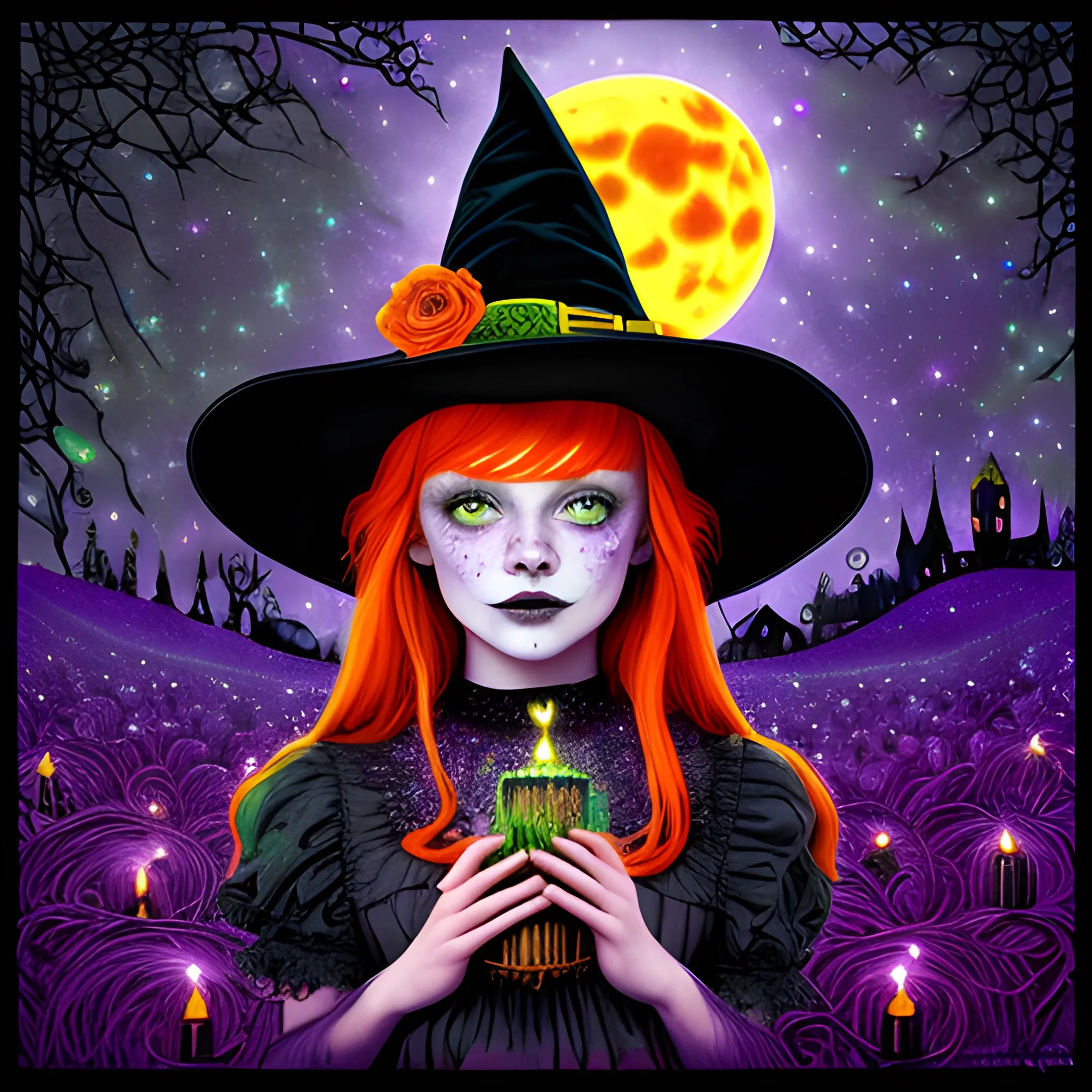 Bella Thorne / Sadie Sink face morph as a Halloween Witch, wearing a thorny witch hat adorned with thorns and black roses; Halloween, bats, full moon in a nebula sky, neon spray paint, acrylic paint, fantastical surrealist world, in the style of Stephen Gammell, extremely detailed, sick, gothic, eldritch, candles, neon grape purple, dayglo orange, chartreuse green, Halloween perfect purple pumpkins, green skulls, orange bats, magic, candles, cobweb, spider, glitter, luminous color sparkles, dayglo orange, neon grape purple, chartreuse green, hot pink, stars, sparkles, glitter, lanterns, gourds, Halloween; Goddess of the Night with a crescent moon and many stars in the style of Maxfield Parrish, starry night, James R. Eads, 3D