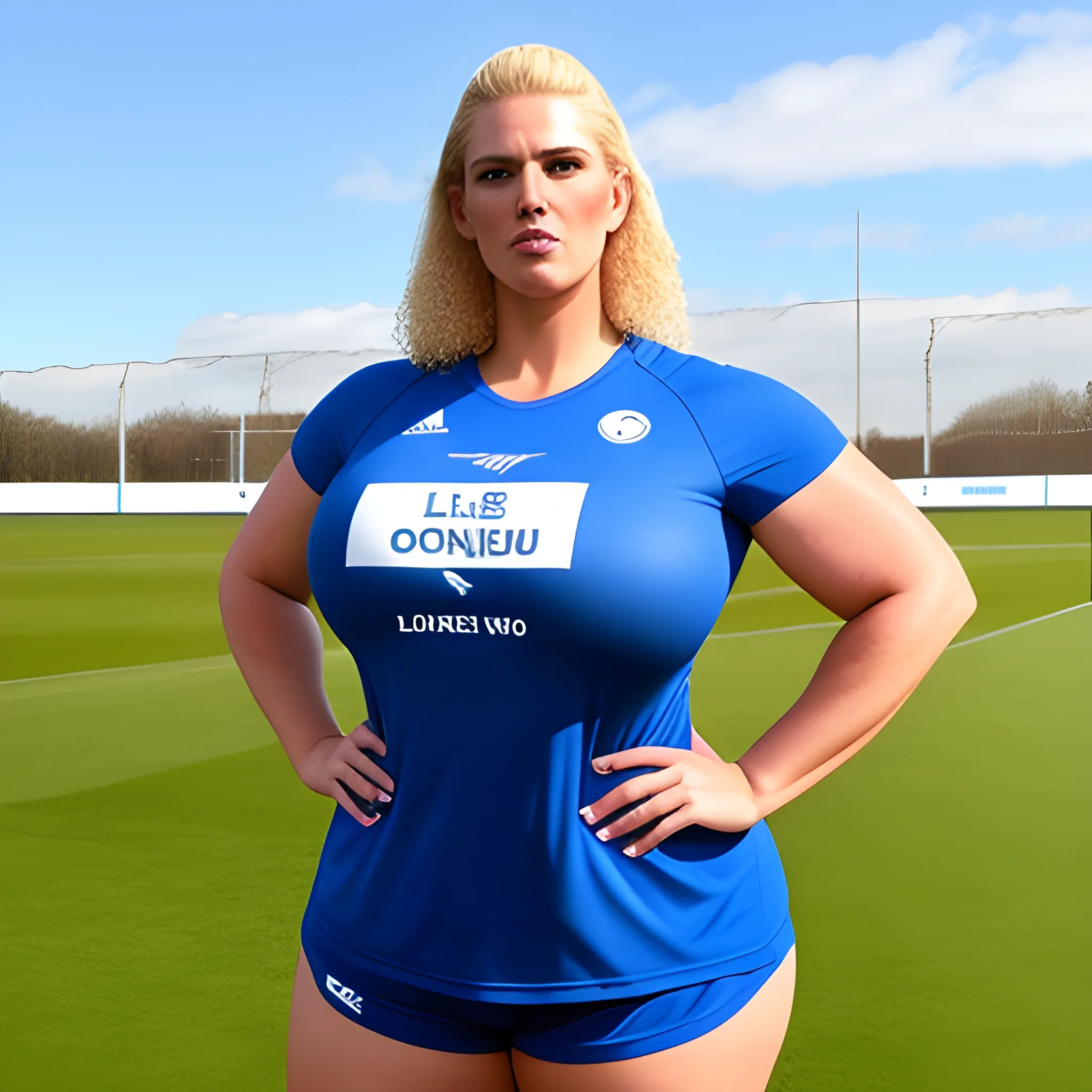 8 ft tall naturally beautiful and strong massive plus size blonde teenage girl in T-shirt and shorts 
standing on training ground under blue sky