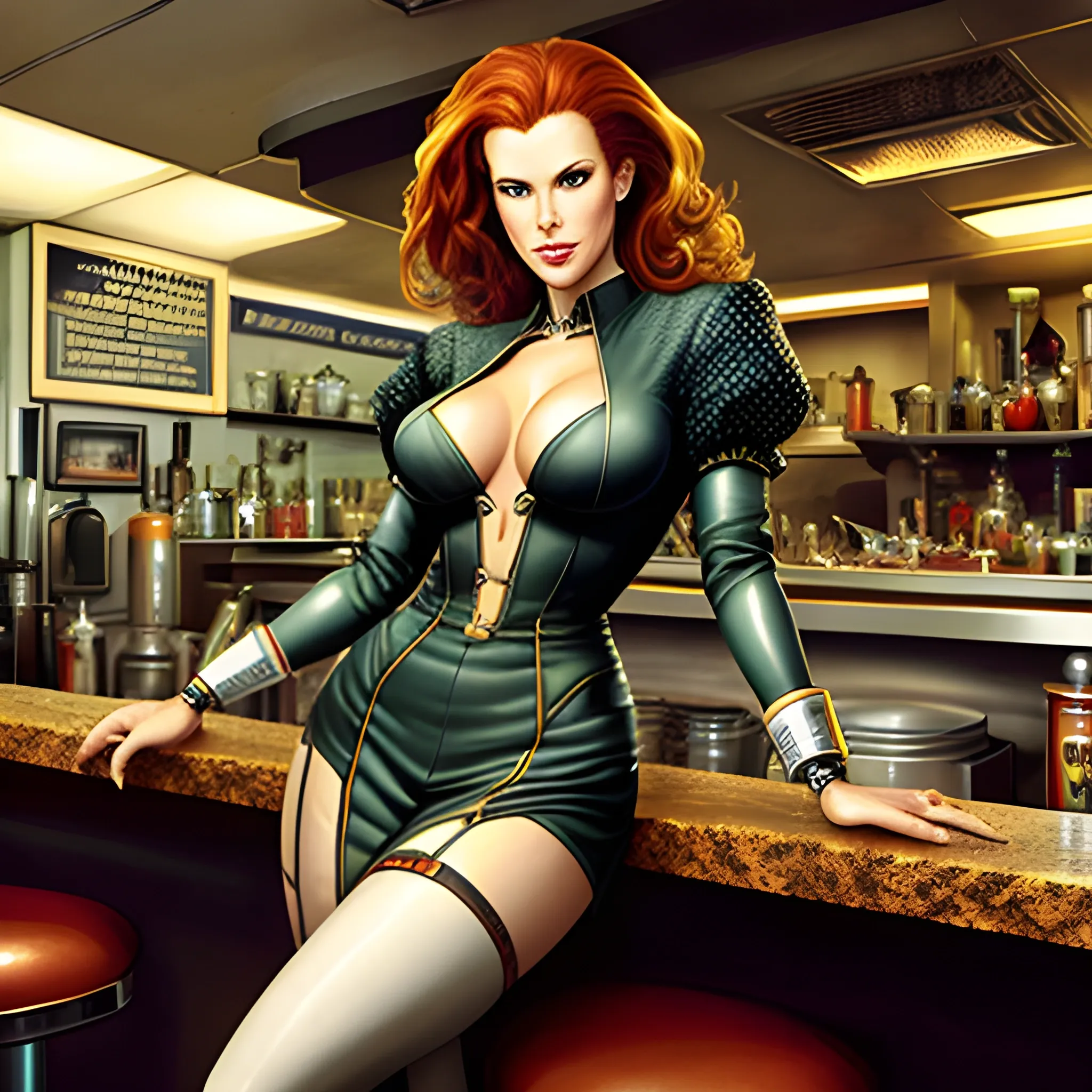 young Robyn Lively in a 50's diner, meticulously detailed eyes, perfect full-length body, perfect anatomy, her highly detailed face, meticulously detailed hair and clothes by artist "Aleksi Briclot" and Russ Mills, Dan Mumford, teen witch 