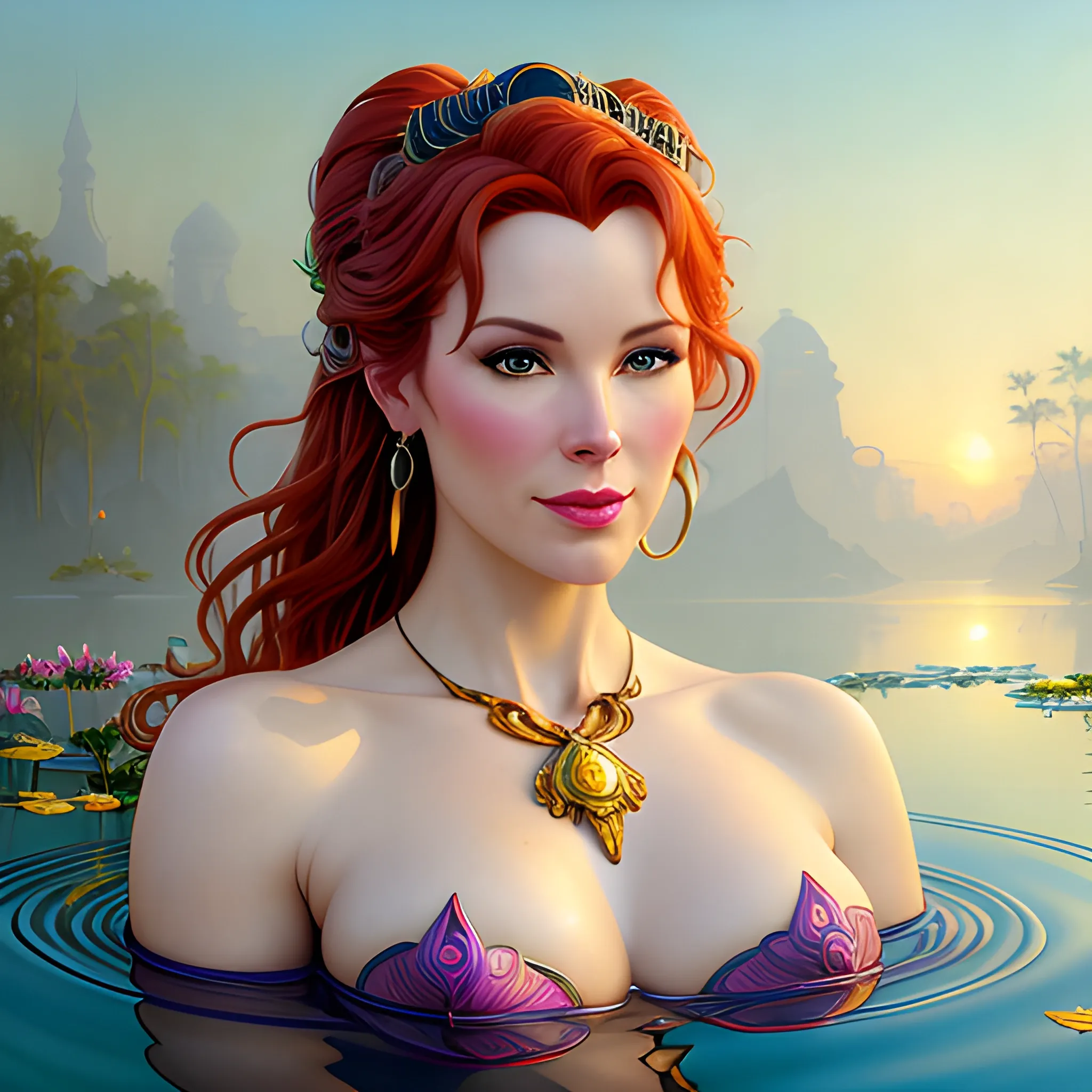 young Robyn Lively at a lotus pond; highly detailed beautiful face; glitter, renaissance; high contrast, pastel, sorbet, pearlescent, Unreal Engine 5; by Dan Parent, Alphonse Mucha, Artgerm, WLOP, intricately detailed, fantasy, bizarre, beautiful, Chromolithography, Soft Shading, Unreal Engine; digital painting, smooth, sharp focus, illustration, art by lisa frank, Steve Goad, Frank Frazetta, William-Adolphe Bouguereau, Unreal Engine 5, Cartoon, 3D, Oil Painting, 3D