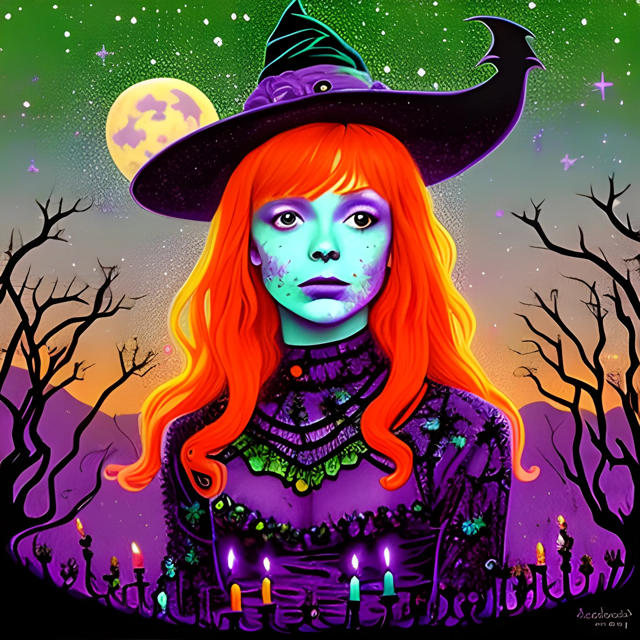 Bella Thorne / Sadie Sink face morph as a Halloween Witch, wearing a thorny witch hat adorned with thorns and black roses; Halloween, bats, full moon in a nebula sky, neon spray paint, acrylic paint, fantastical surrealist world, in the style of Stephen Gammell, extremely detailed, sick, gothic, eldritch, candles, neon grape purple, dayglo orange, chartreuse green, Halloween perfect purple pumpkins, green skulls, orange bats, magic, candles, cobweb, spider, glitter, luminous color sparkles, dayglo orange, neon grape purple, chartreuse green, hot pink, stars, sparkles, glitter, lanterns, gourds, Halloween; Goddess of the Night with a crescent moon and many stars in the style of Maxfield Parrish, starry night, James R. Eads