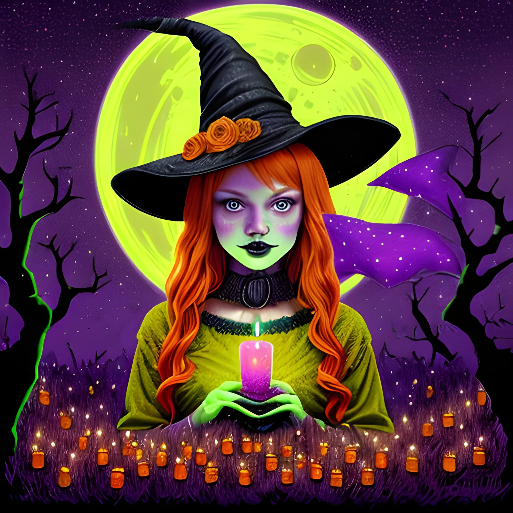 Bella Thorne / Sadie Sink face morph as a Halloween Witch, wearing a thorny witch hat adorned with thorns and black roses; Halloween, bats, full moon in a nebula sky, neon spray paint, acrylic paint, fantastical surrealist world, in the style of Stephen Gammell, extremely detailed, sick, gothic, eldritch, candles, neon grape purple, dayglo orange, chartreuse green, Halloween perfect purple pumpkins, green skulls, orange bats, magic, candles, cobweb, spider, glitter, luminous color sparkles, dayglo orange, neon grape purple, chartreuse green, hot pink, stars, sparkles, glitter, lanterns, gourds, Halloween; Goddess of the Night with a crescent moon and many stars in the style of Maxfield Parrish, starry night, James R. Eads