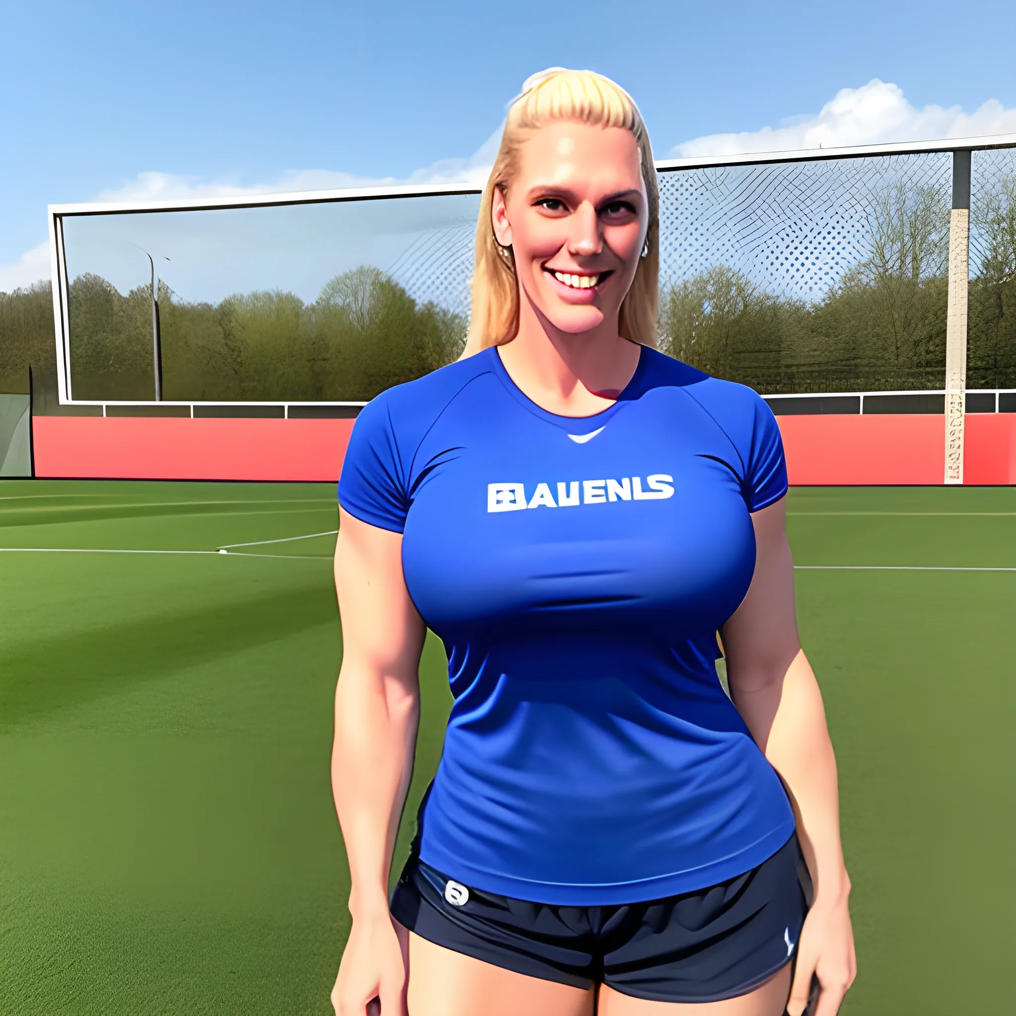 8 ft tall naturally beautiful and muscular massive and robust heavy weight blonde teenage girl in T-shirt and shorts 
standing with gentle smile on training ground under blue sky