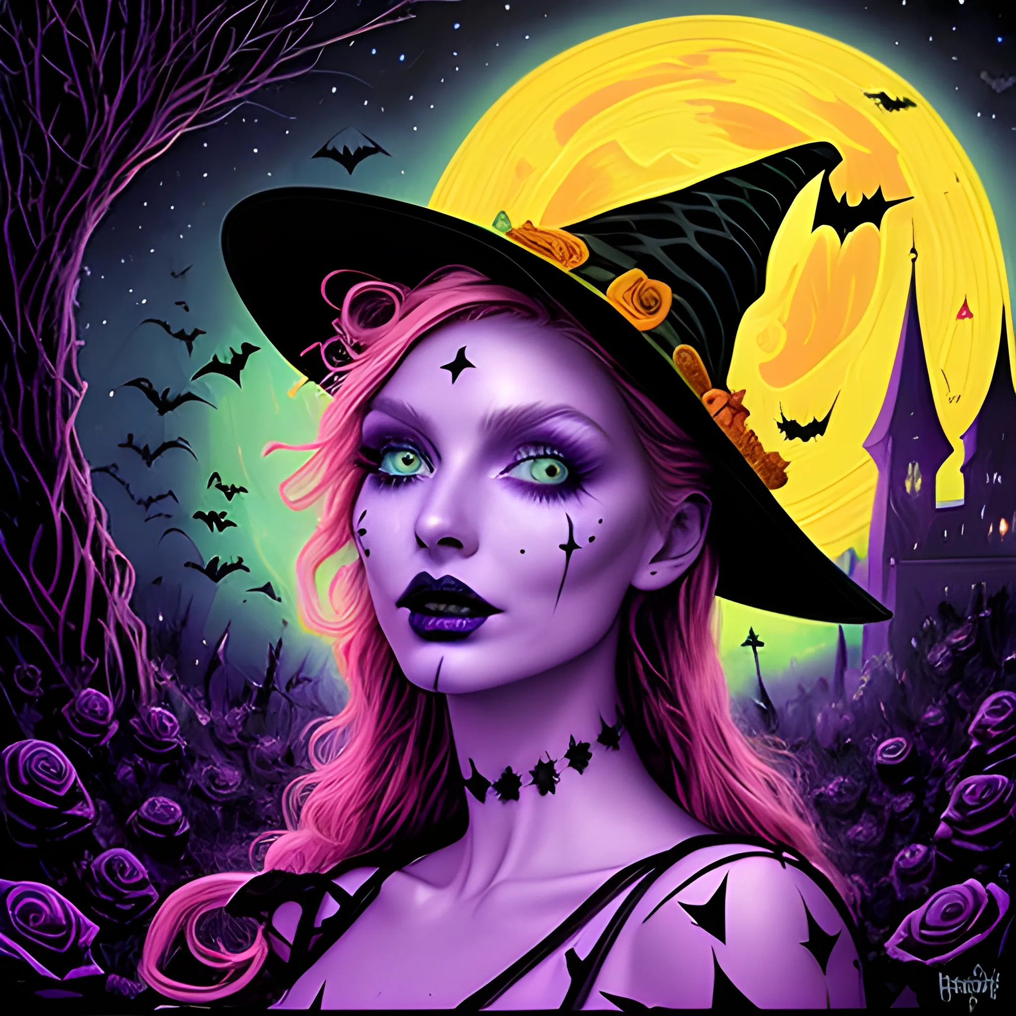 close-up, detailed face, Elsa Hosk as a Halloween Witch, wearing ...