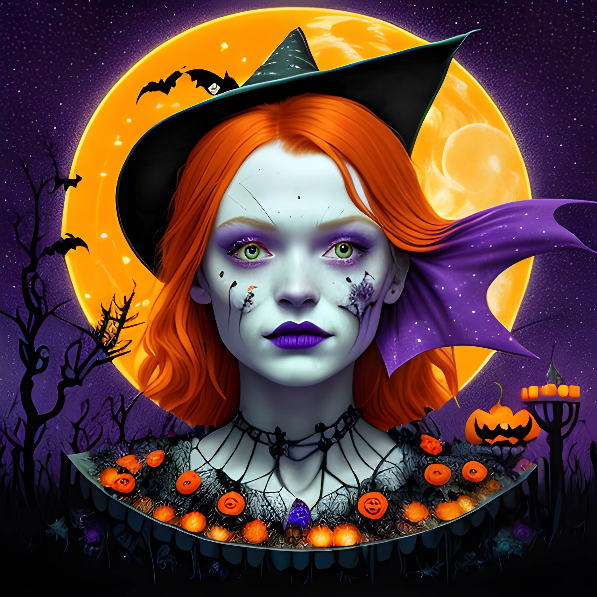 Bella Thorne / Sadie Sink face morph as a Halloween Witch, wearing a thorny witch hat adorned with thorns and black roses; Halloween, bats, full moon in a nebula sky, neon spray paint, acrylic paint, fantastical surrealist world, in the style of Stephen Gammell, extremely detailed, sick, gothic, eldritch, candles, neon grape purple, dayglo orange, chartreuse green, Halloween perfect purple pumpkins, green skulls, orange bats, magic, candles, cobweb, spider, glitter, luminous color sparkles, dayglo orange, neon grape purple, chartreuse green, hot pink, stars, sparkles, glitter, lanterns, gourds, Halloween; Goddess of the Night with a crescent moon and many stars in the style of Maxfield Parrish, starry night, James R. Eads, 3D