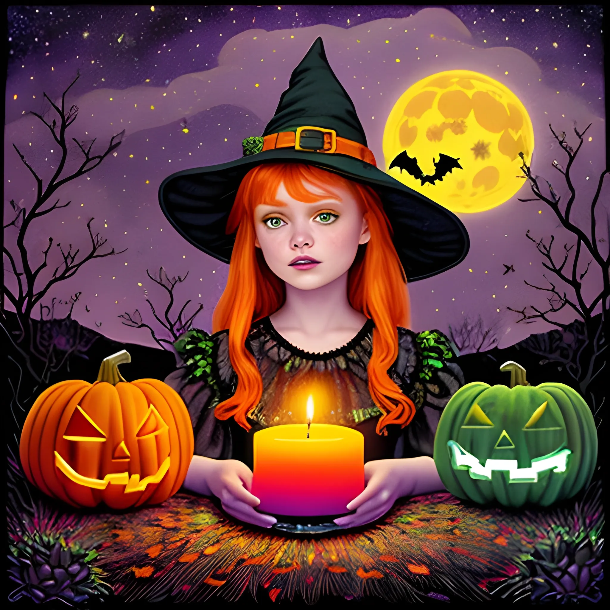 Bella Thorne / Sadie Sink face morph as a Halloween Witch, wearing a thorny witch hat adorned with thorns and black roses; Halloween, bats, full moon in a nebula sky, neon spray paint, acrylic paint, fantastical surrealist world, in the style of Stephen Gammell, extremely detailed, sick, gothic, eldritch, candles, neon grape purple, dayglo orange, chartreuse green, Halloween perfect purple pumpkins, green skulls, orange bats, magic, candles, cobweb, spider, glitter, luminous color sparkles, dayglo orange, neon grape purple, chartreuse green, hot pink, stars, sparkles, glitter, lanterns, gourds, Halloween; Goddess of the Night with a crescent moon and many stars in the style of Maxfield Parrish, starry night, James R. Eads, 3D