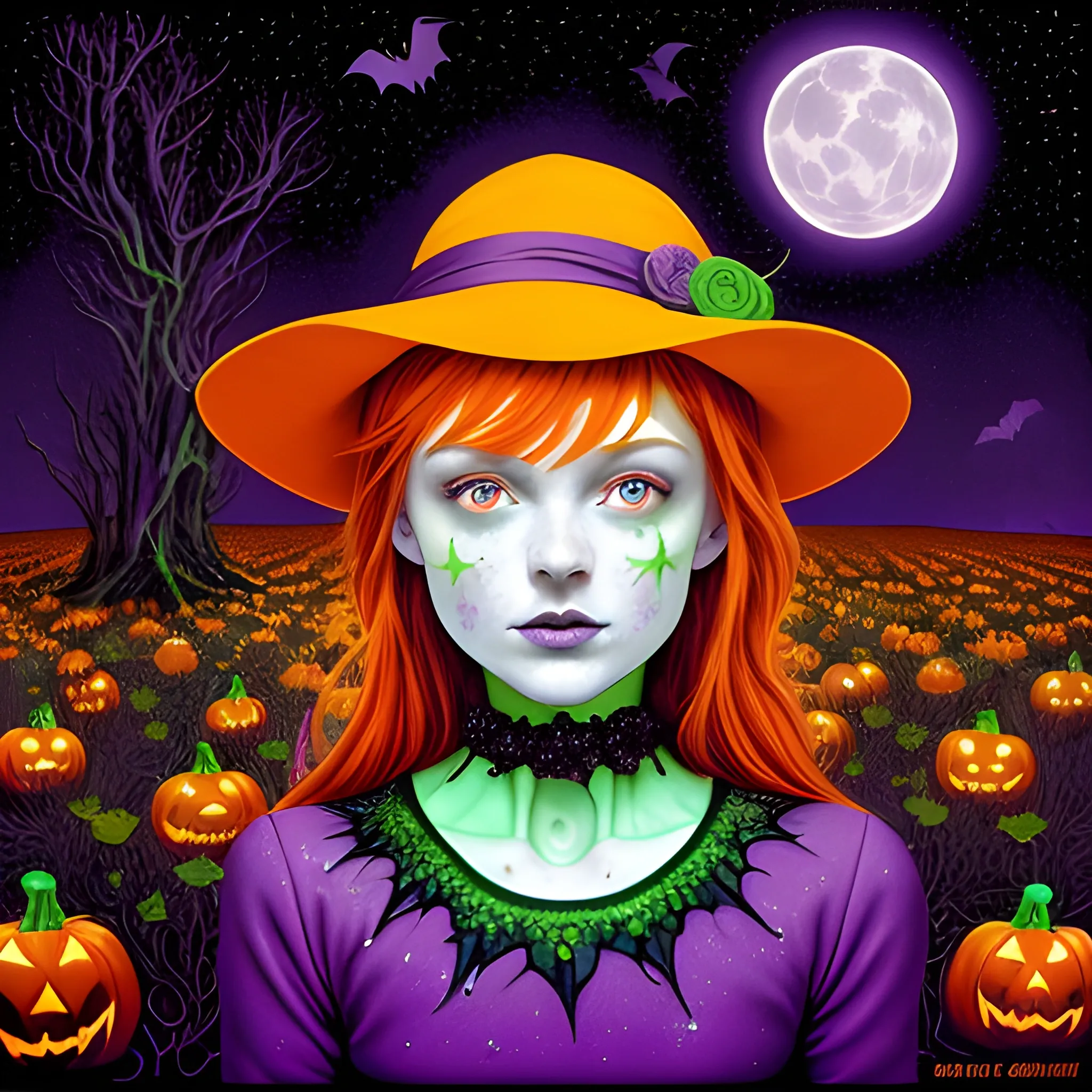 Bella Thorne / Sadie Sink face morph as a Halloween Witch, wearing a thorny witch hat adorned with thorns and black roses; Halloween, bats, full moon in a nebula sky, neon spray paint, acrylic paint, fantastical surrealist world, in the style of Stephen Gammell, extremely detailed, sick, gothic, eldritch, candles, neon grape purple, dayglo orange, chartreuse green, Halloween perfect purple pumpkins, green skulls, orange bats, magic, candles, cobweb, spider, glitter, luminous color sparkles, dayglo orange, neon grape purple, chartreuse green, hot pink, stars, sparkles, glitter, lanterns, gourds, Halloween; Goddess of the Night with a crescent moon and many stars in the style of Maxfield Parrish, starry night, James R. Eads
