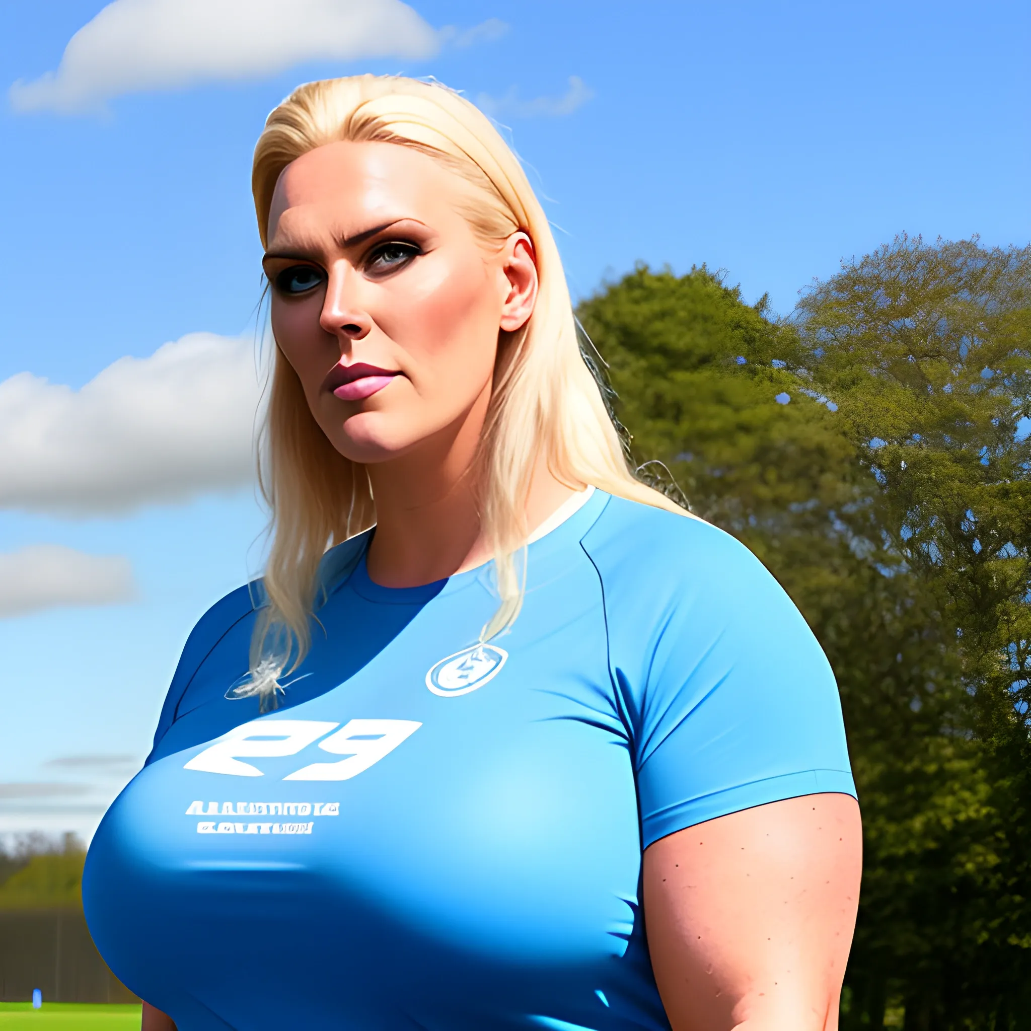 8 ft tall naturally beautiful and strong massive plus size blonde teenage girl in T-shirt and shorts 
standing on training ground under blue sky