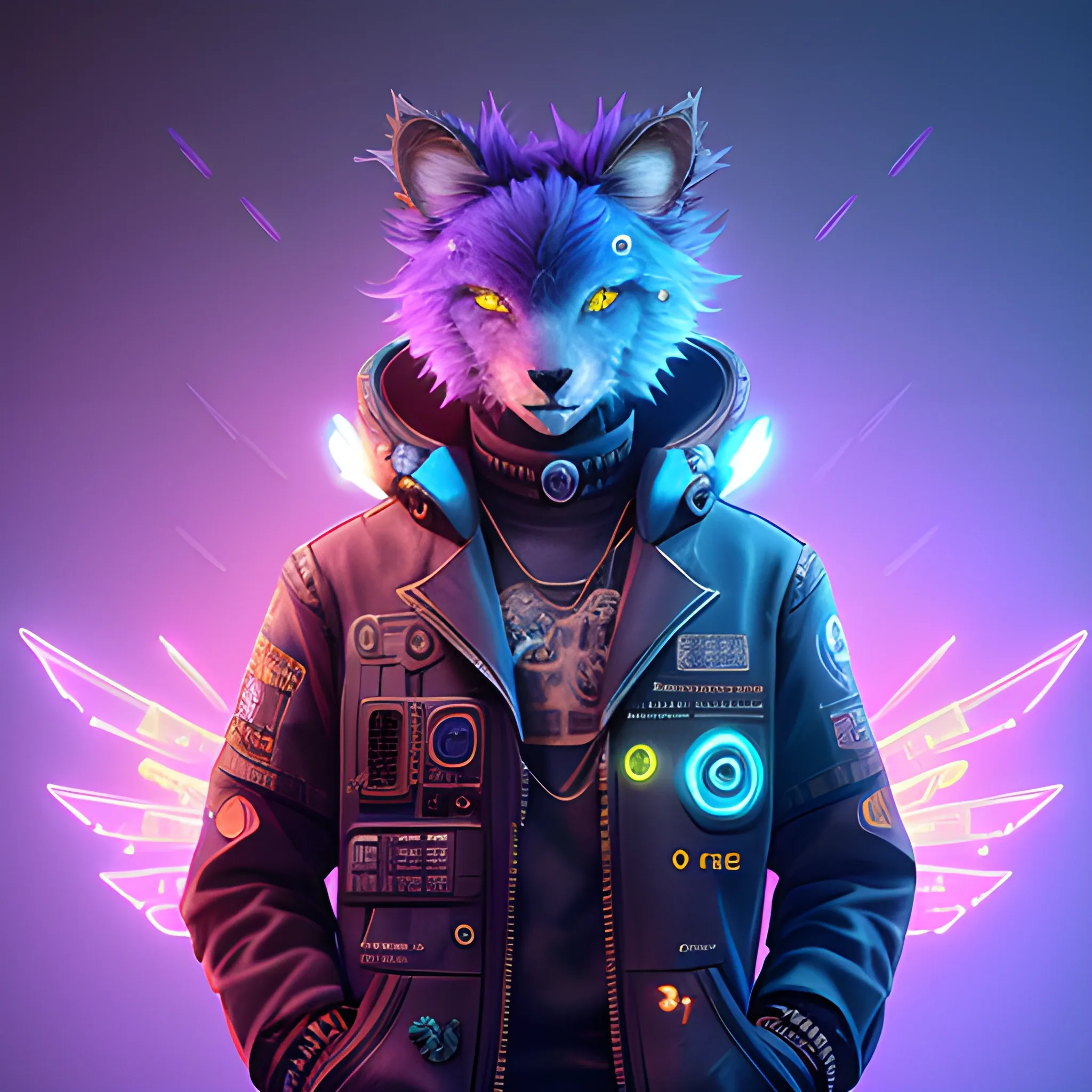 a beautiful full body of a cute cyberpunk fluffy Male with bioluminescent fur and bioluminescent tail, industrial background, by sandra chevrier and greg rutkowski and wlop, purple blue color scheme, vaporware, retro, outrun, high key lighting, volumetric light, digital art, highly detailed, fine detail, intricate, ornate, complex, octane render, unreal engine, photorealistic