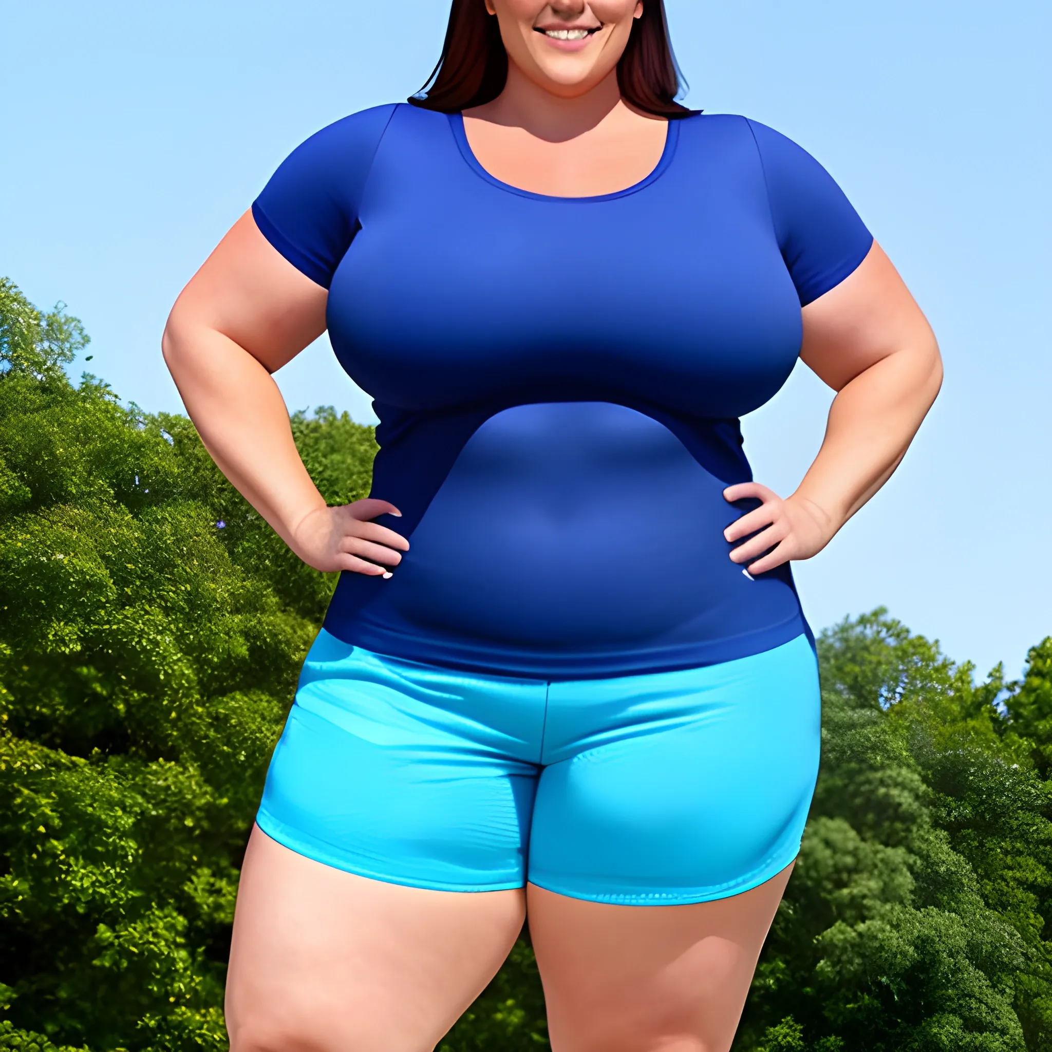 8 ft tall beautiful strong muscular slightly plus size teenage girl with small head and broad shoulders in T-shirt and shorts standing under blue sky with gentle smile