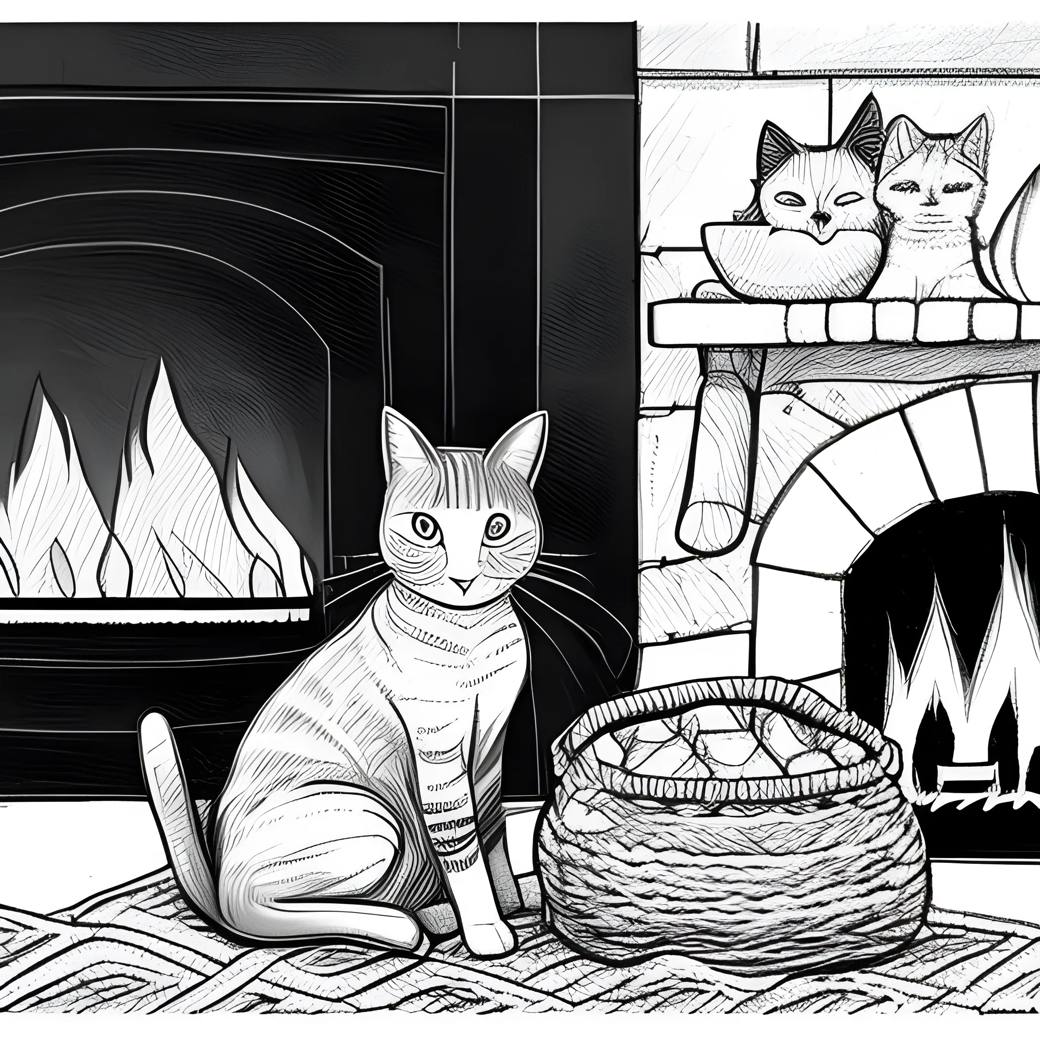 The picture should show a dog and a cat. The two animals cuddle together in a woven basket on a blanket. In the background you can see a fanned fireplace. On the whole, the picture is cozy., Pencil Sketch in Black and White 