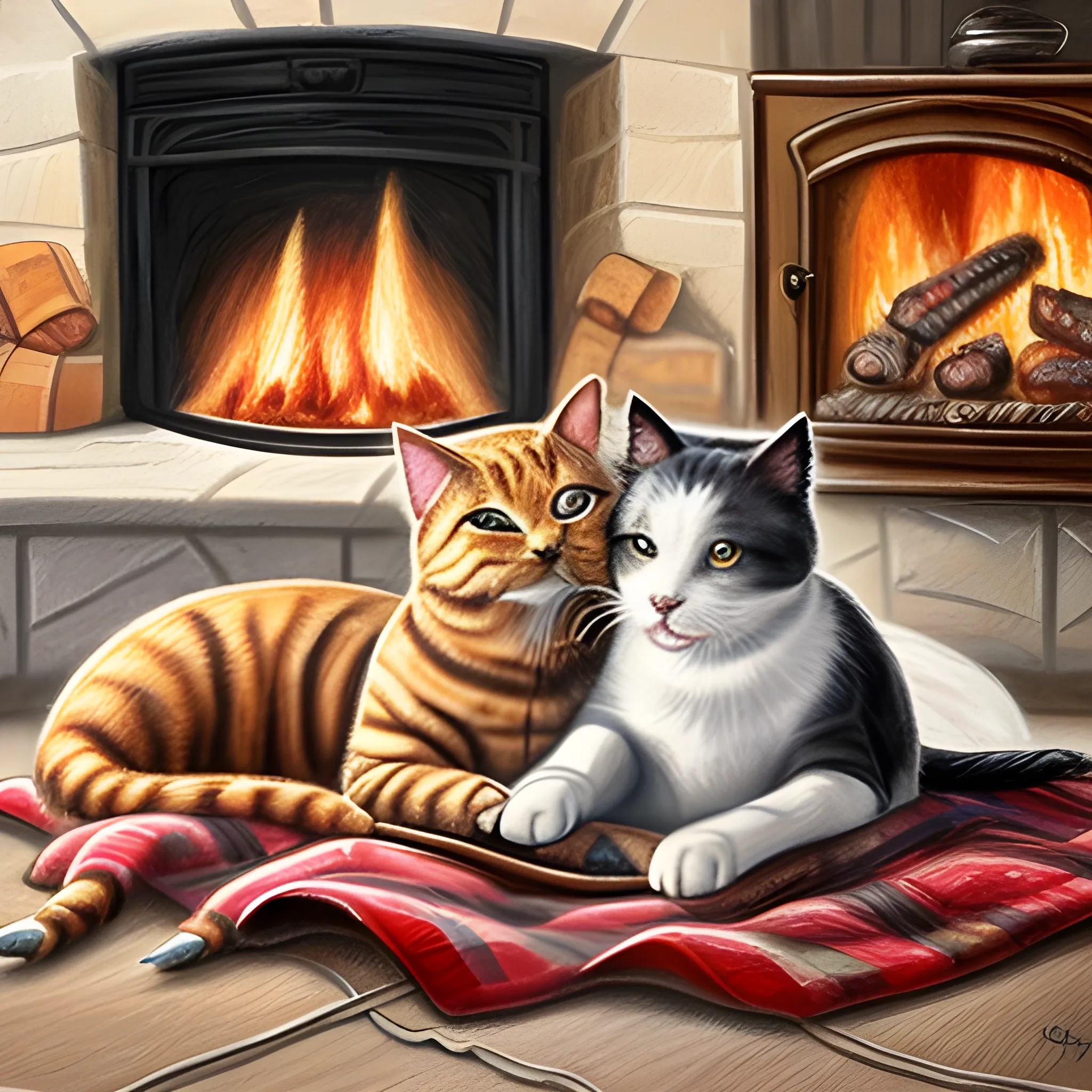 The picture should show a dog and a cat. The two animals cuddle together in a woven basket on a blanket. In the background you can see a fanned fireplace. On the whole, the picture is cozy., Pencil Sketch , Oil Painting