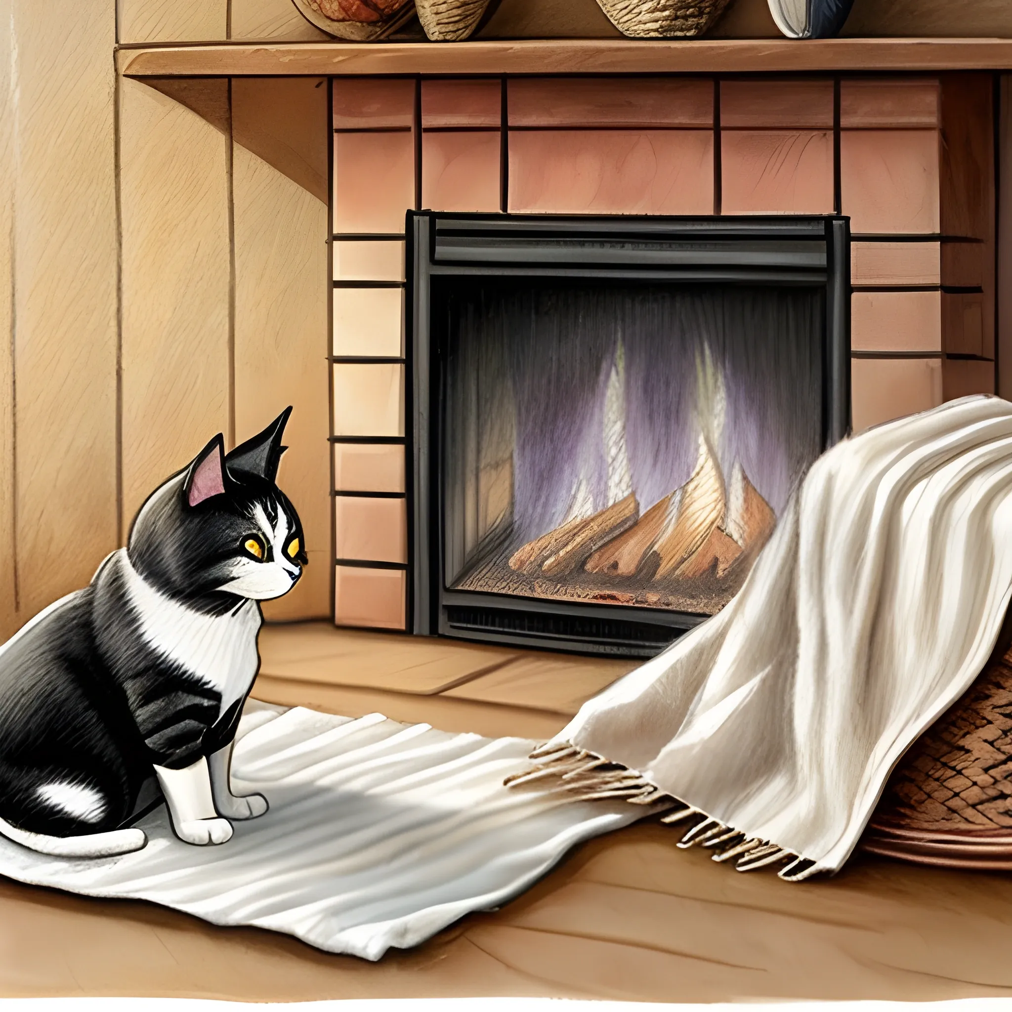 The picture should show a dog and a cat. The two animals cuddle together in a woven basket on a blanket. In the background you can see a fanned fireplace. On the whole, the picture is cozy., Pencil Sketch , Oil Painting, Water Color