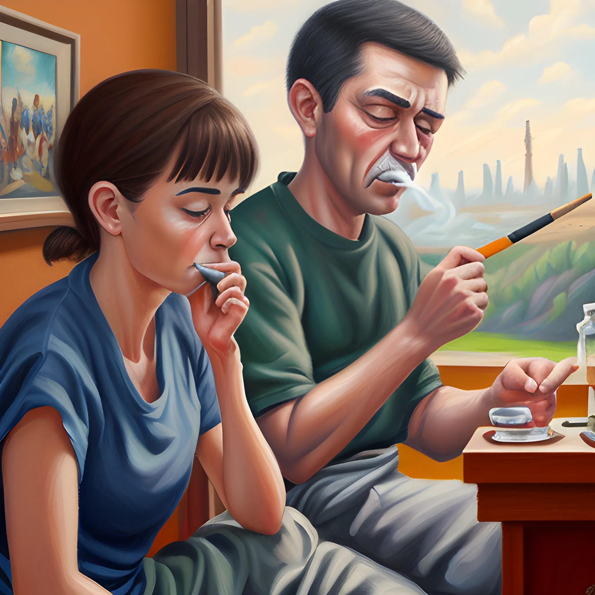 NO SMOKING ,Draw more people , , Oil Painting, Cartoon