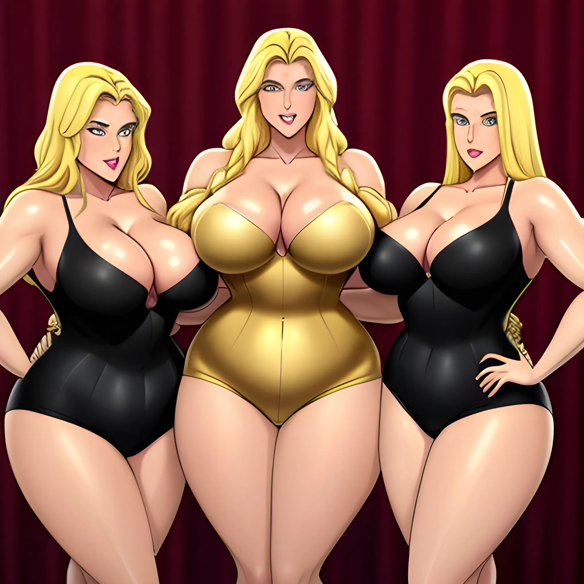 massive and very tall, beautiful, plus size, friendly beautiful blonde girl, broad shoulders, small round breasts, slightly muscular, golden blonde hair, full voluptuous hourglass body and long big thighs and big legs in short tight dress, athletic, standing in beautiful house next to her five slightly shorter blonde daughters with the same bodytype loving her and hugging and clinging to her and kissing her