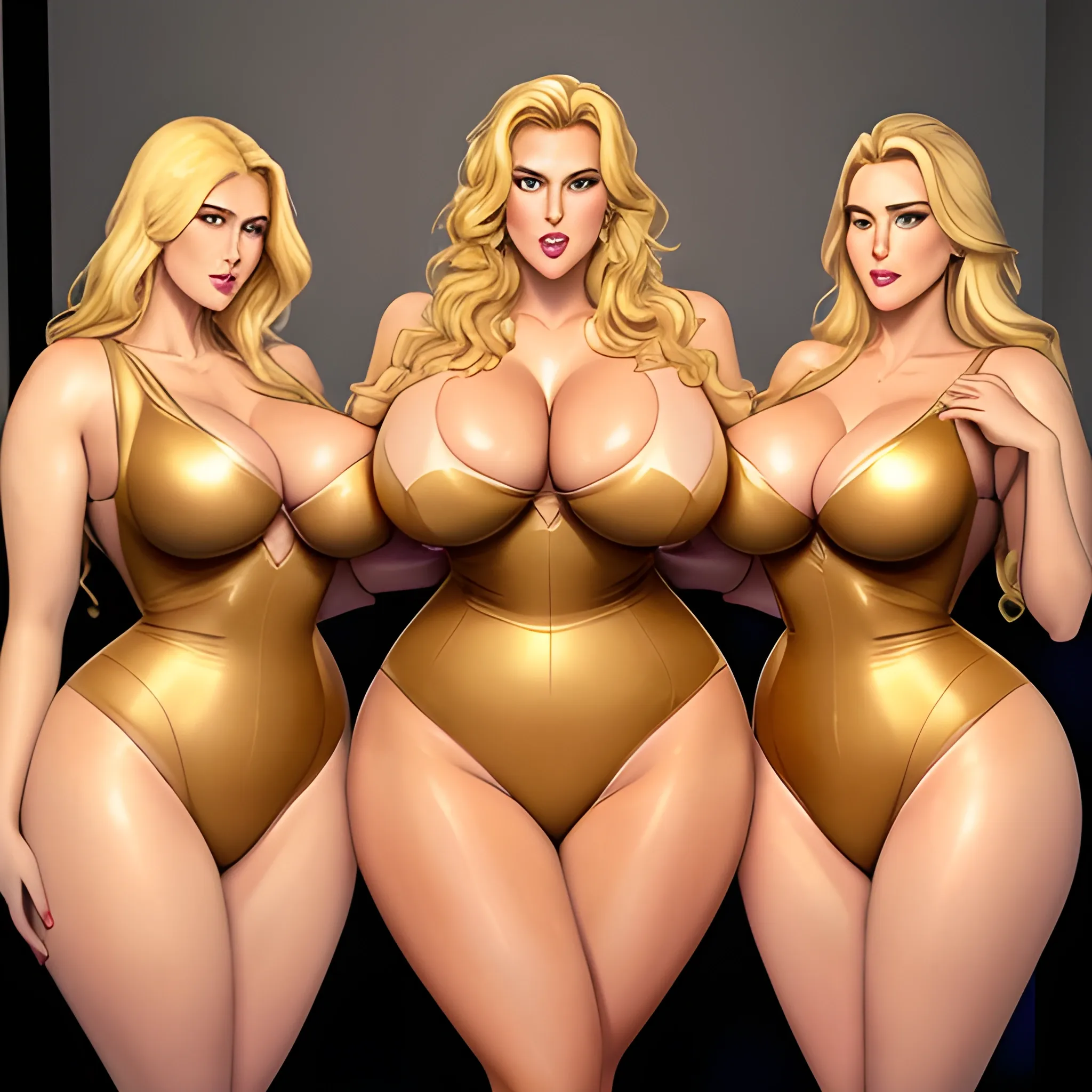 massive and very tall, beautiful, plus size, friendly beautiful blonde girl, broad shoulders, small round breasts, slightly muscular, golden blonde hair, full voluptuous hourglass body and long big thighs and big legs in short tight dress, athletic, standing in beautiful house next to her five slightly shorter blonde daughters with the same bodytype loving her and hugging and clinging to her and kissing her