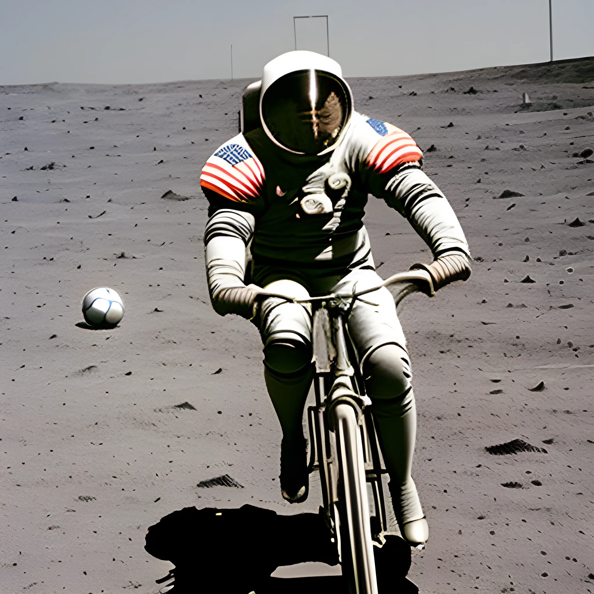 A man rides a bicycle on the moon and plays football