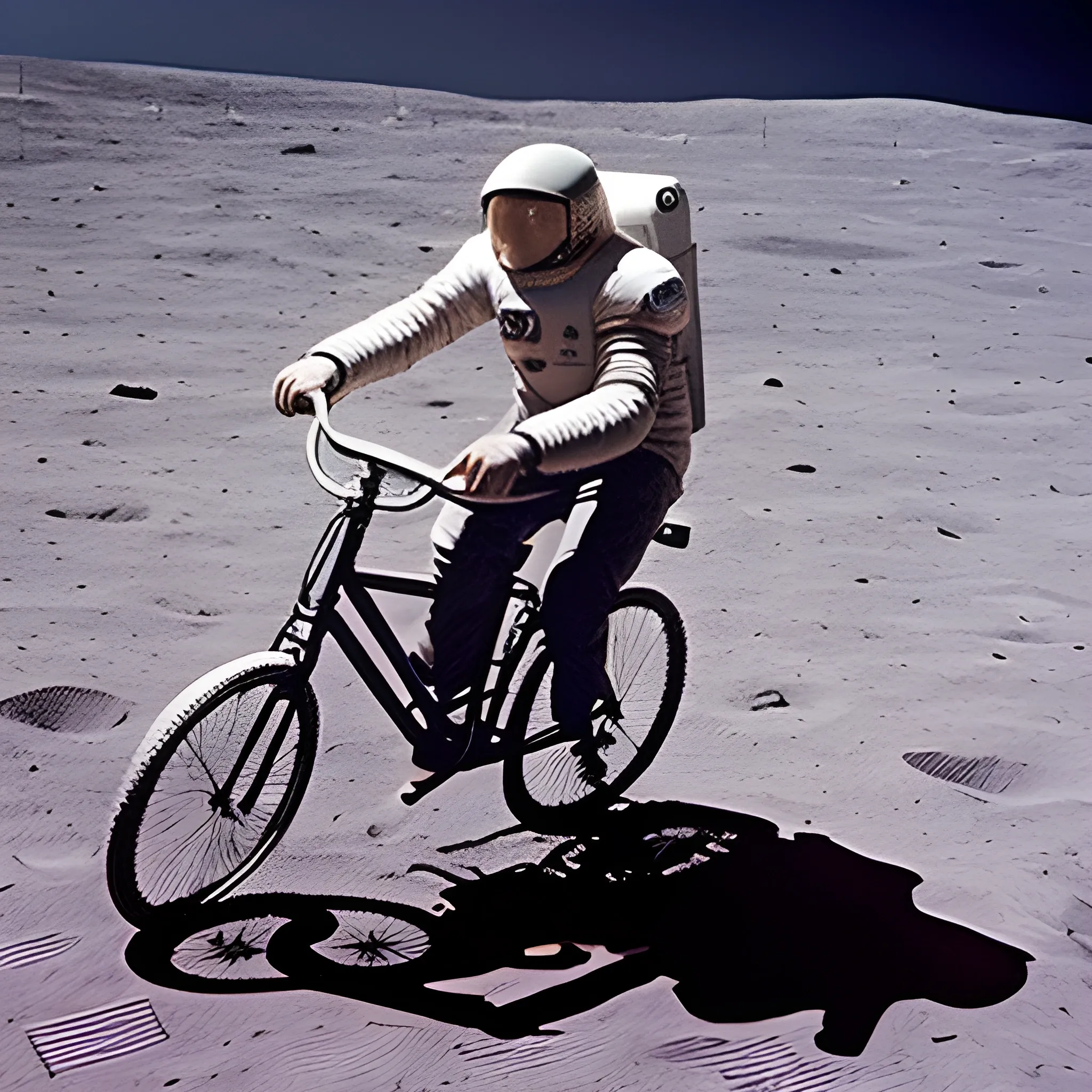 A man rides a bicycle on the moon and plays football, Trippy