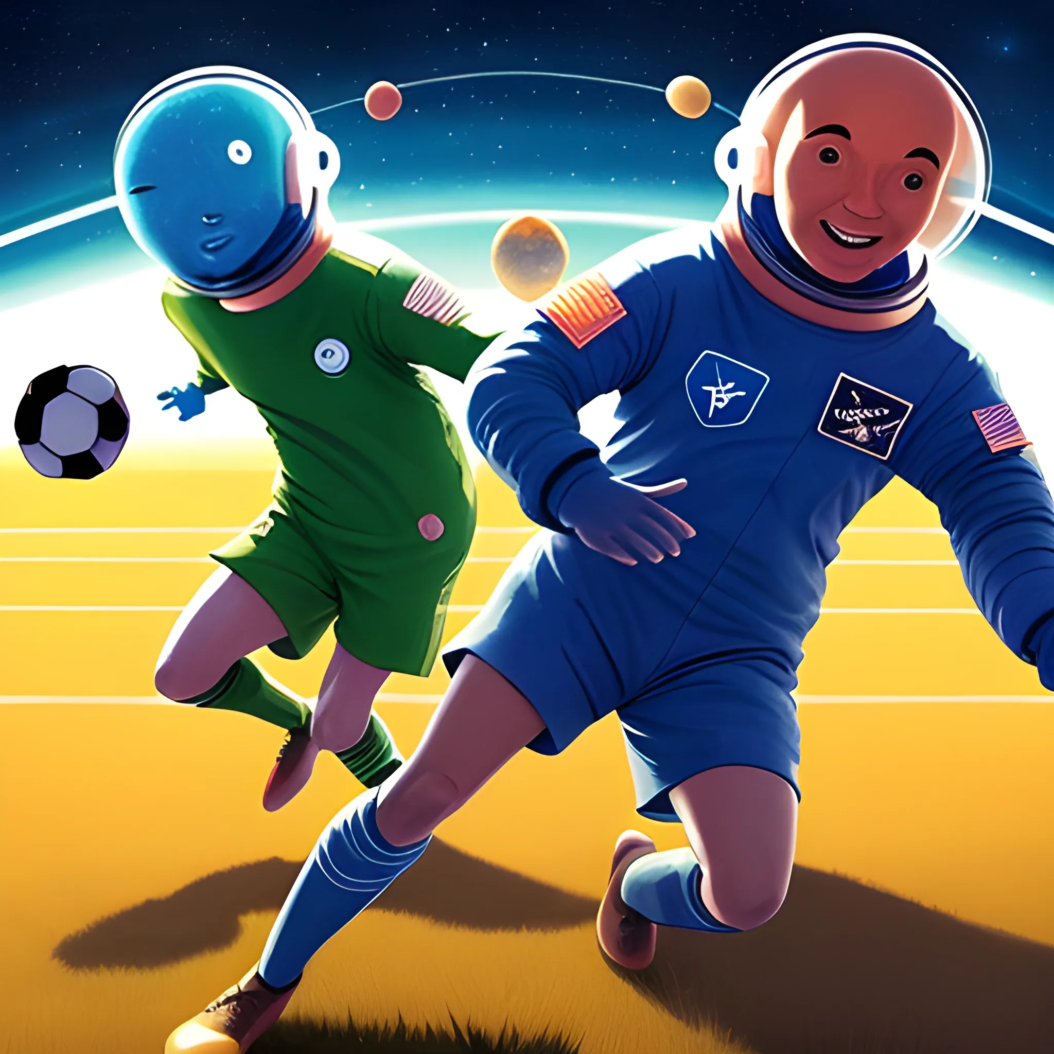 Paint a vivid picture of an astronaut engaging in a friendly game of soccer with an extraterrestrial being on the unique surface of Saturn. Explore the challenges, adaptations, and the sense of camaraderie that emerges in this otherworldly match. Write about their interactions and the thrilling moments that unfold during their cosmic soccer game on Saturn's terrain.