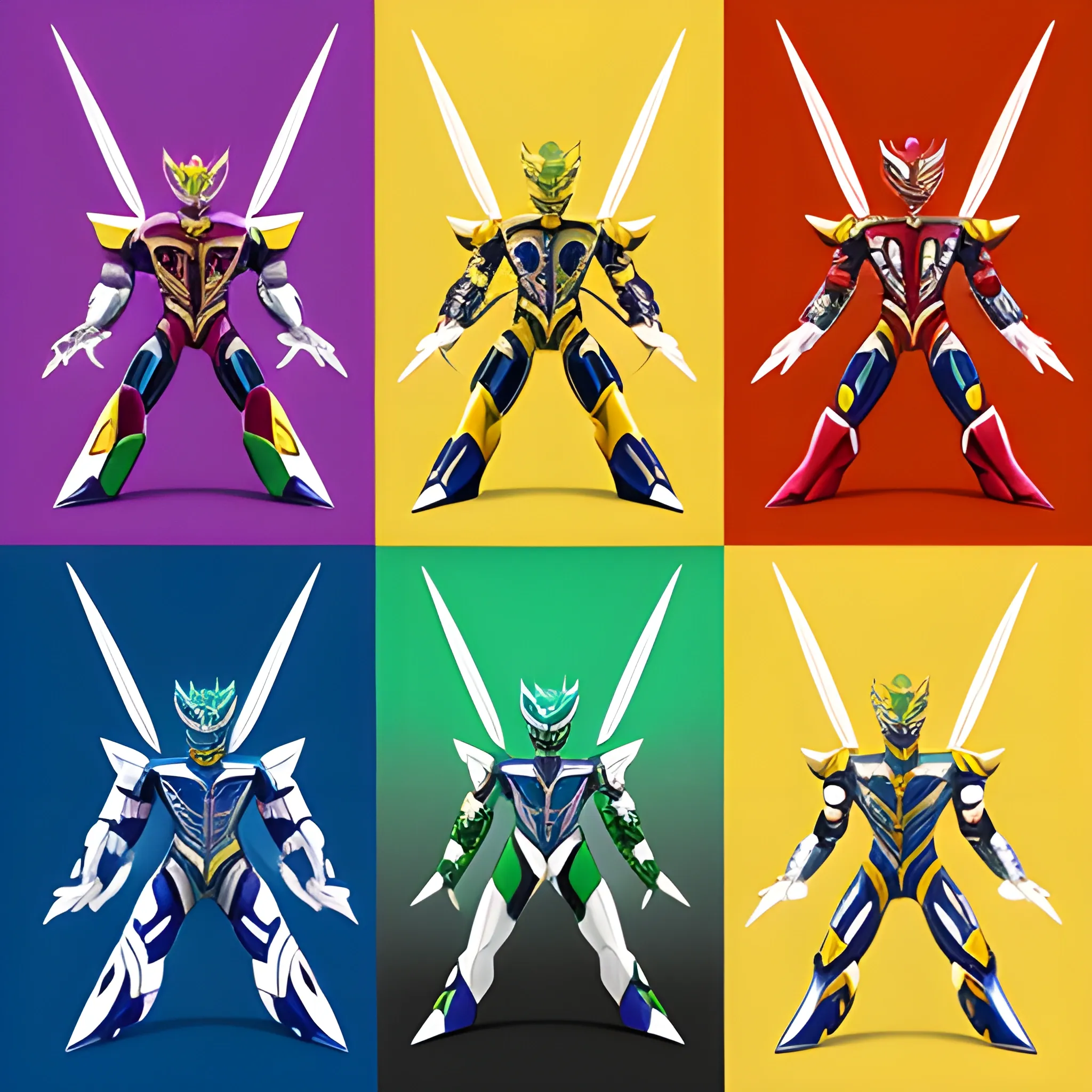 A realistic image of 5 completely new Zords for the power rangers, with original designs, each Zord representing one of five different colors And they are colored similarly with each one’s unique color, 3D