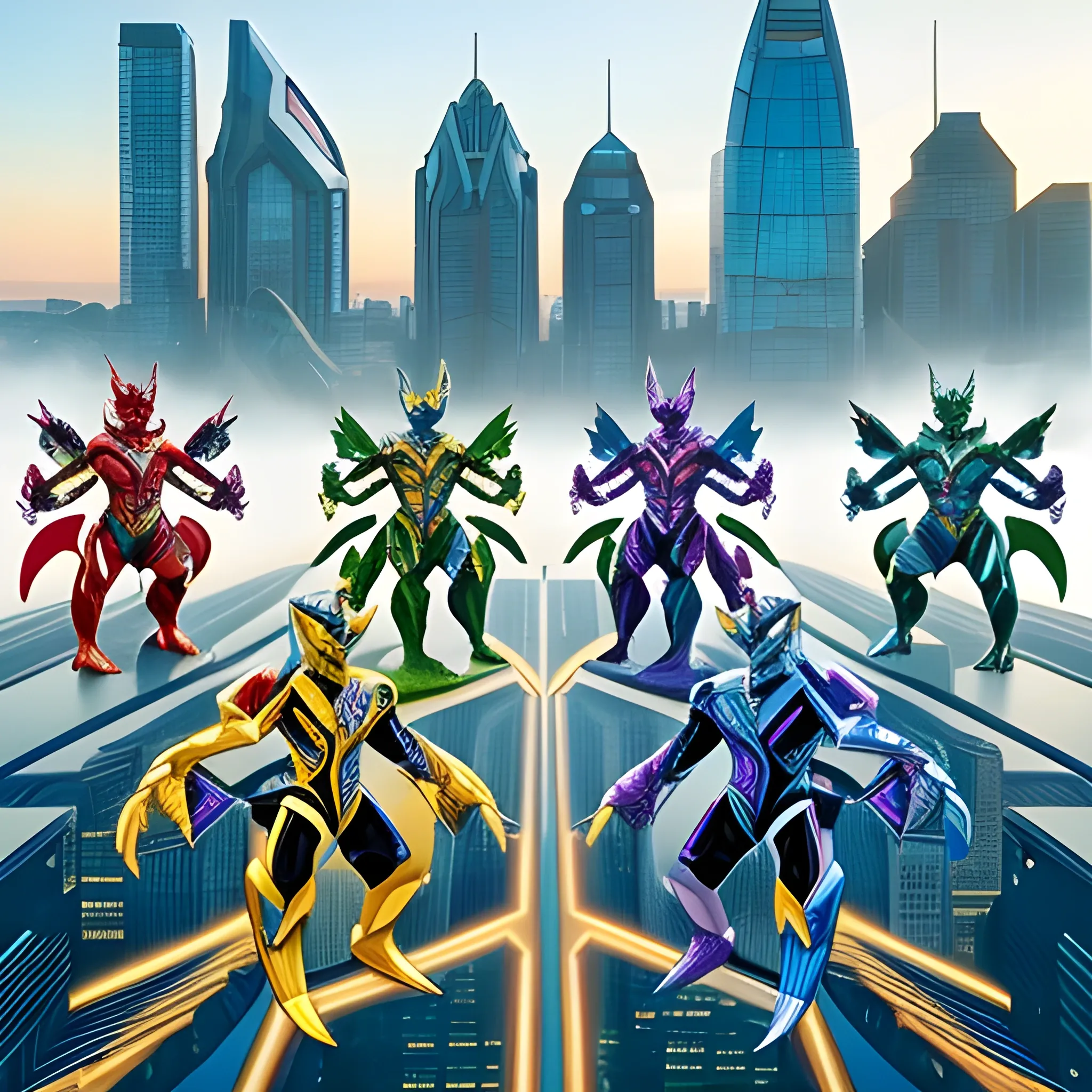 A realistic image of 5 completely new Zords for the power rangers, with original designs based off of prehistoric animals like dinosaurs, each Zord representing one of five different colored dinosaur And they are colored similarly with each one’s unique color, each one standing side by side with a city skyline in the background, 3D