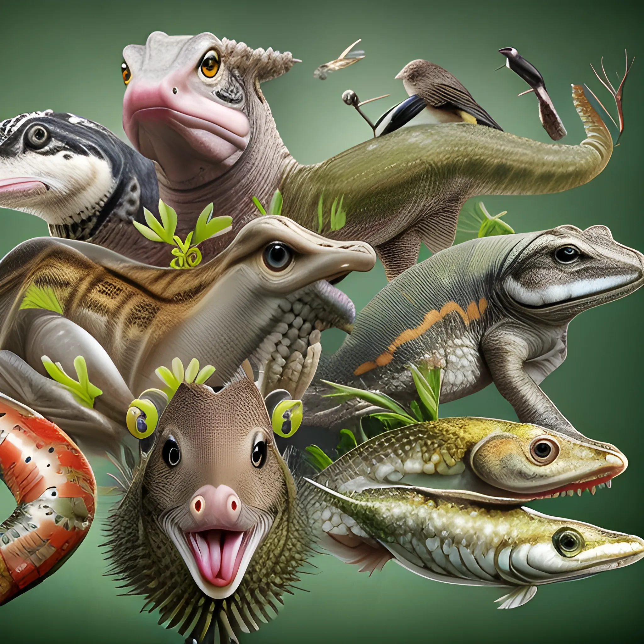 a realistic image of a hybrid animal showing features of a mammal, a bird, a reptile, an amphibian, a fish, an insect, a crustacean, and a mollusk