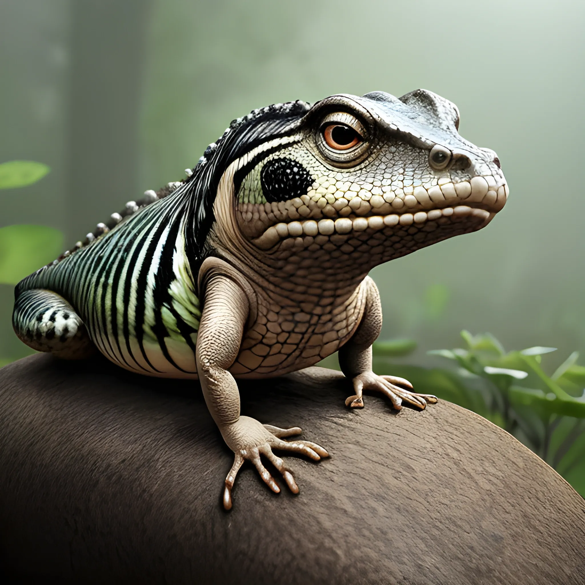 a realistic image of a hybrid animal, with a single body, showing features of a mammal, a bird, a reptile, an amphibian, a fish, and an insect