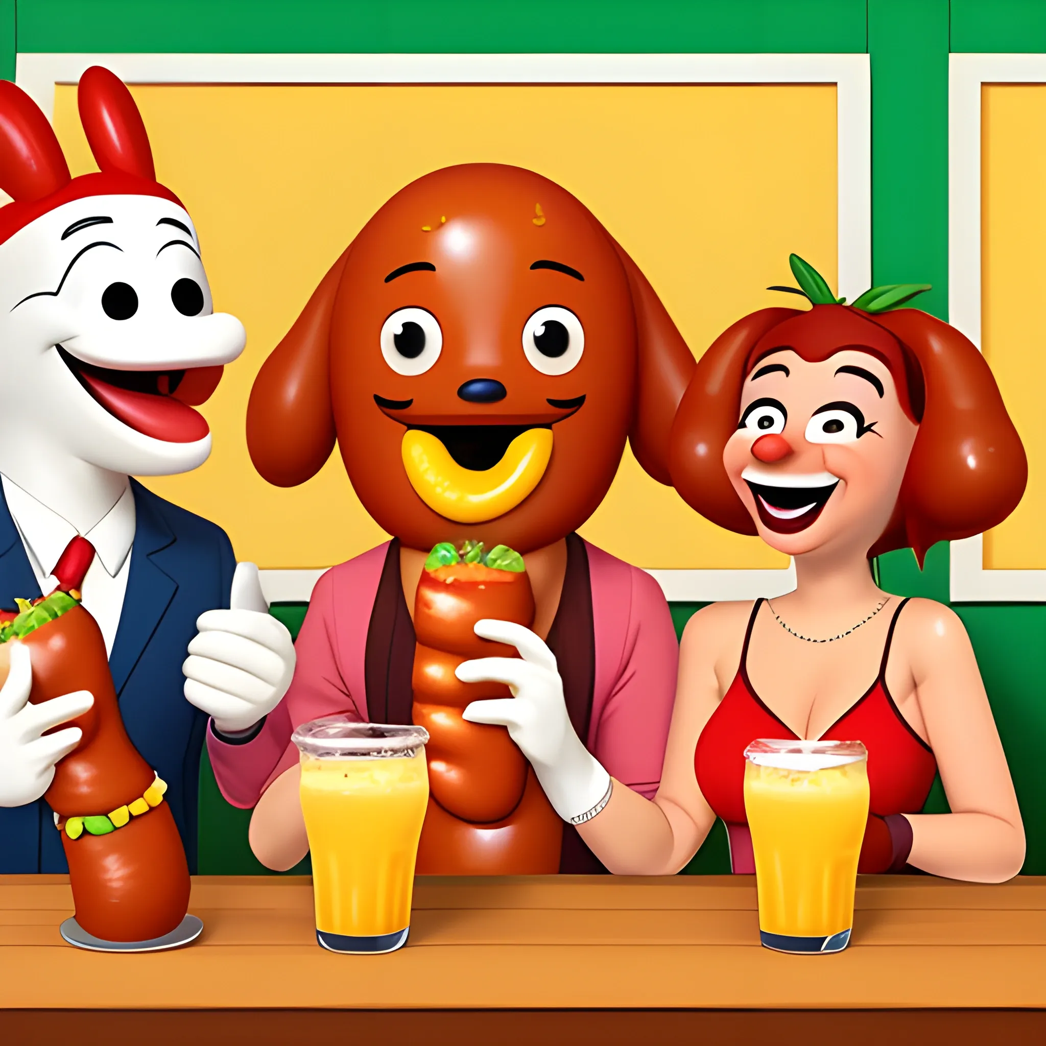 realistic image of an anthropomorphic hot dog out getting drunk with a couple of his human friends while all of them are laughing