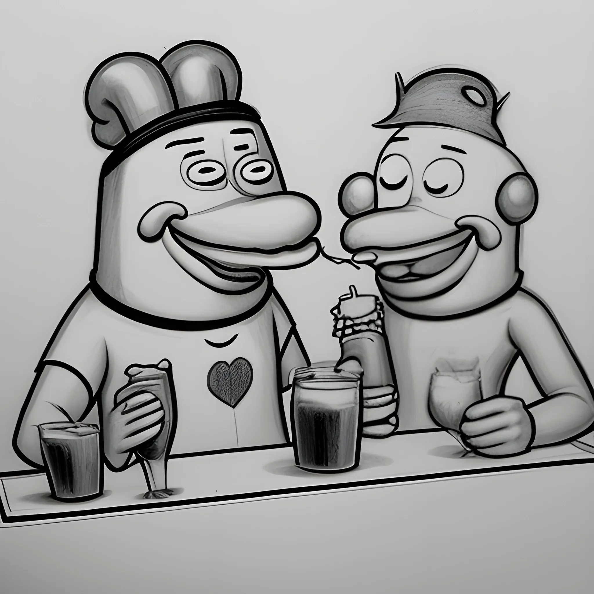 image of an anthropomorphic, personified hotdog out getting drunk with a couple of his human friends while all of them are laughing, Pencil Sketch as if it was drawn from real life