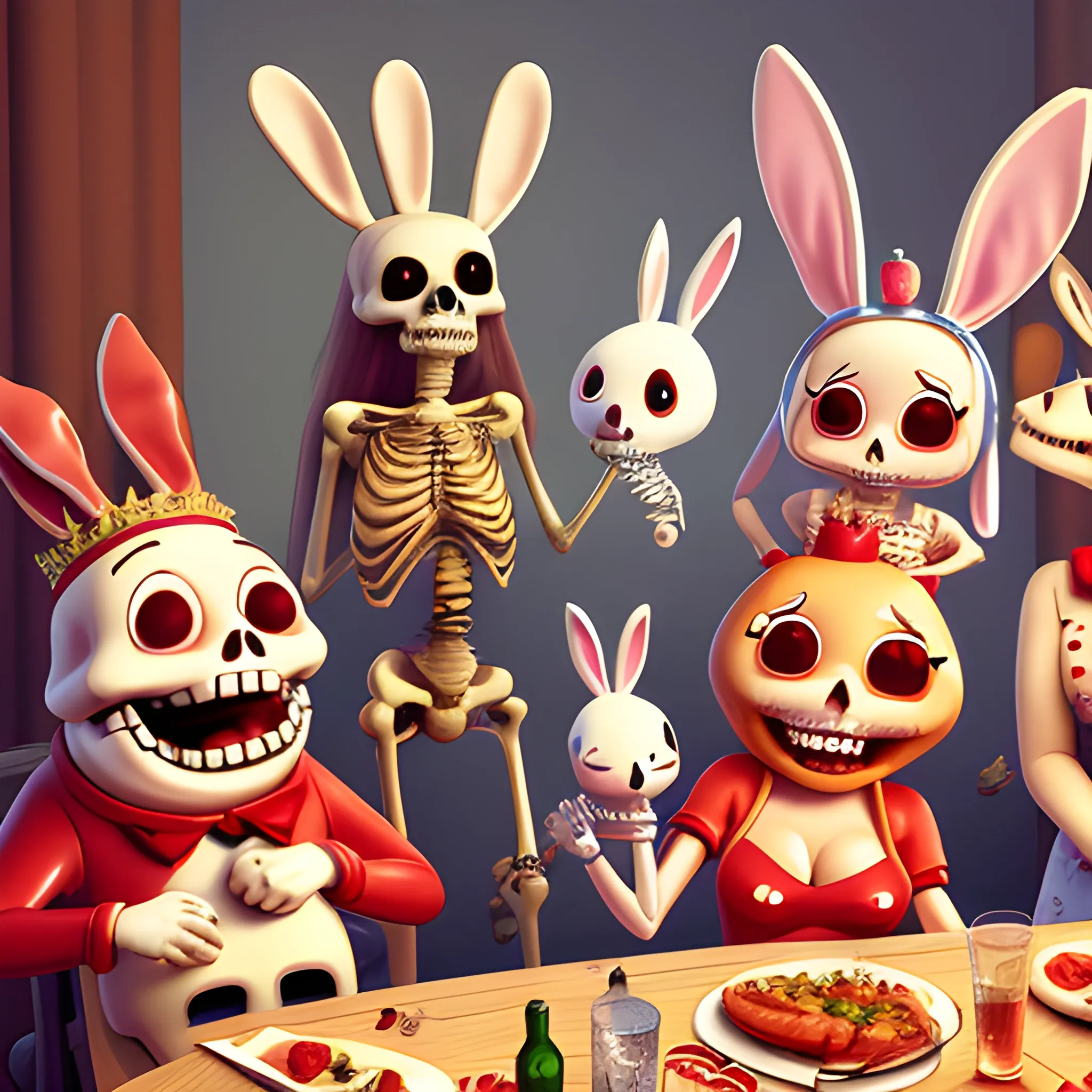 Realistic image of an anthropomorphic, personified hotdog out getting drunk with a skeleton, a nice bunny rabbit and a Queen while all of them are laughing