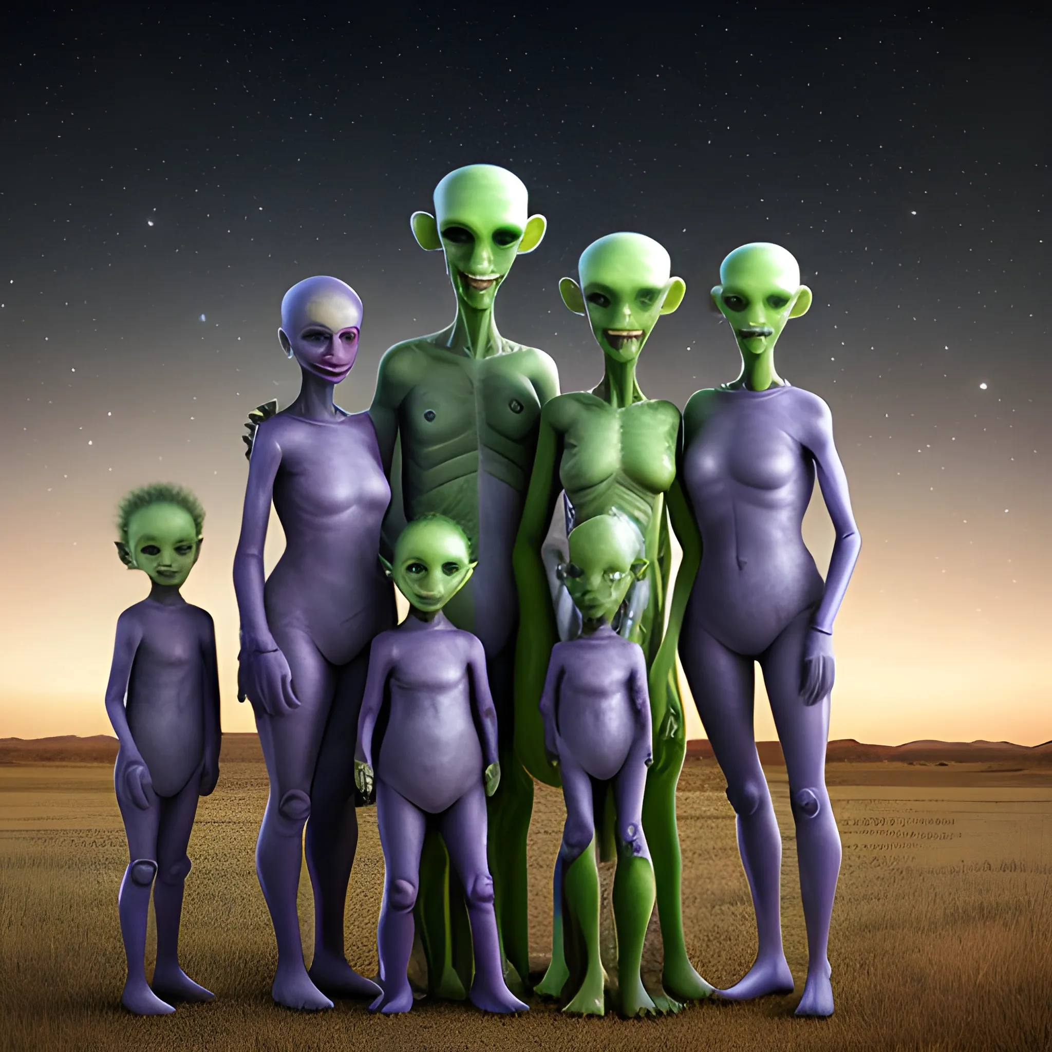 A realistic image of a family of aliens posing together for a family photo