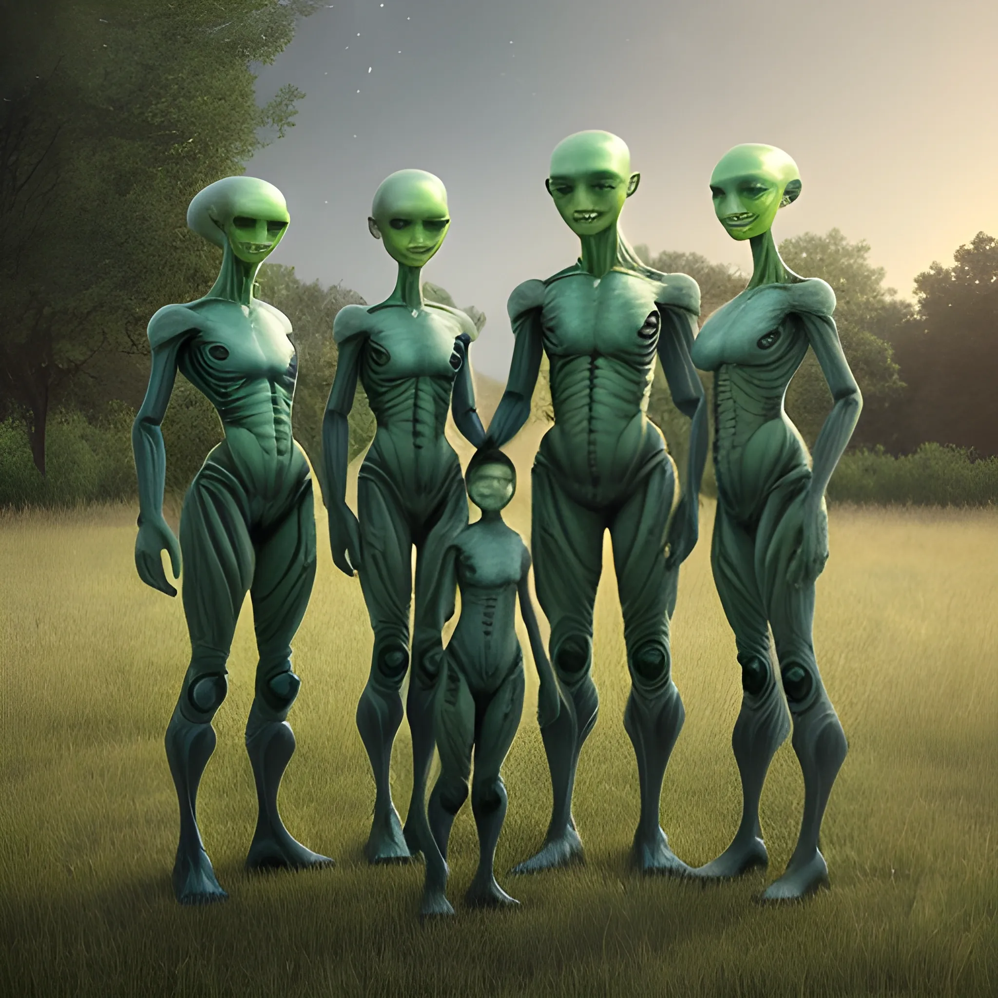 A realistic image of a family of aliens posing together for a family photo