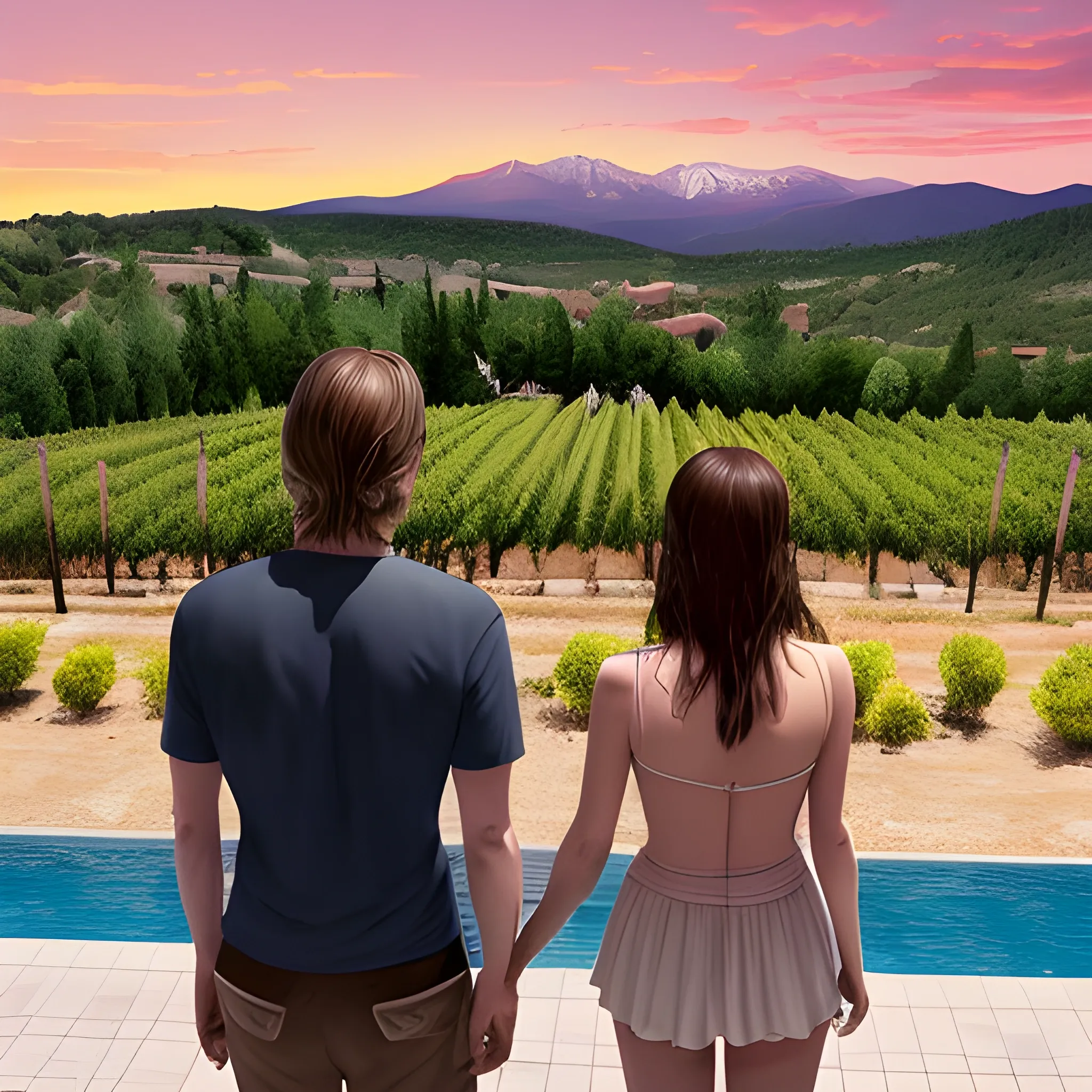 An awe-inspiring landscape showing the mount Canigou range with south france pigne forest in the  middleground and rolling hills in the background. In the foreground an old vineyard. The overall vibe should be adventurous and wanderlust-evoking, with warm tones of oranges and pink in the sky to convey a sunset or sunrise. A few birds soaring in the sky would add a touch of liveliness to the scene and a human couple with a dark blond half long hair women and a dark brown hair man view from their back  in a swimming and gazing at the view from a pool on the foreground. Digital art.
