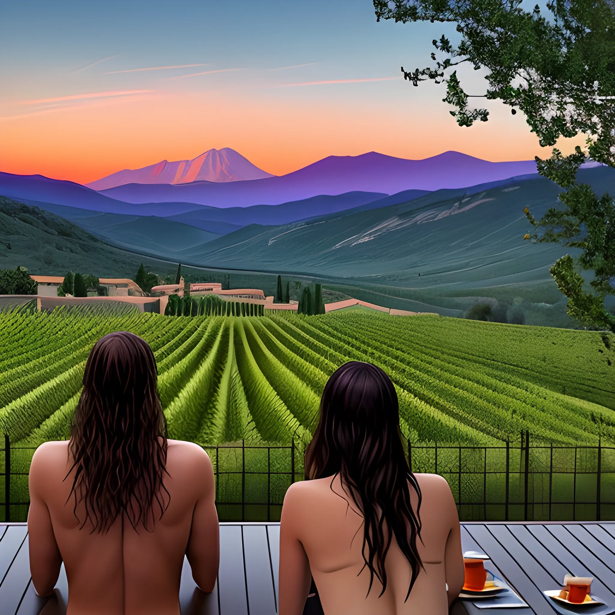 An awe-inspiring landscape showing the mount Canigou range with south france pigne forest in the  middleground and rolling hills in the background. In the foreground an old vineyard. The overall vibe should be adventurous and wanderlust-evoking, with warm tones of oranges and pink in the sky to convey a sunset or sunrise. A few birds soaring in the sky would add a touch of liveliness to the scene and a human couple with a dark blond half long hair women and a dark brown hair man view from their back  in a swimming and gazing at the view from a pool on the foreground with two children playing in front of them. Digital art. loving mood
