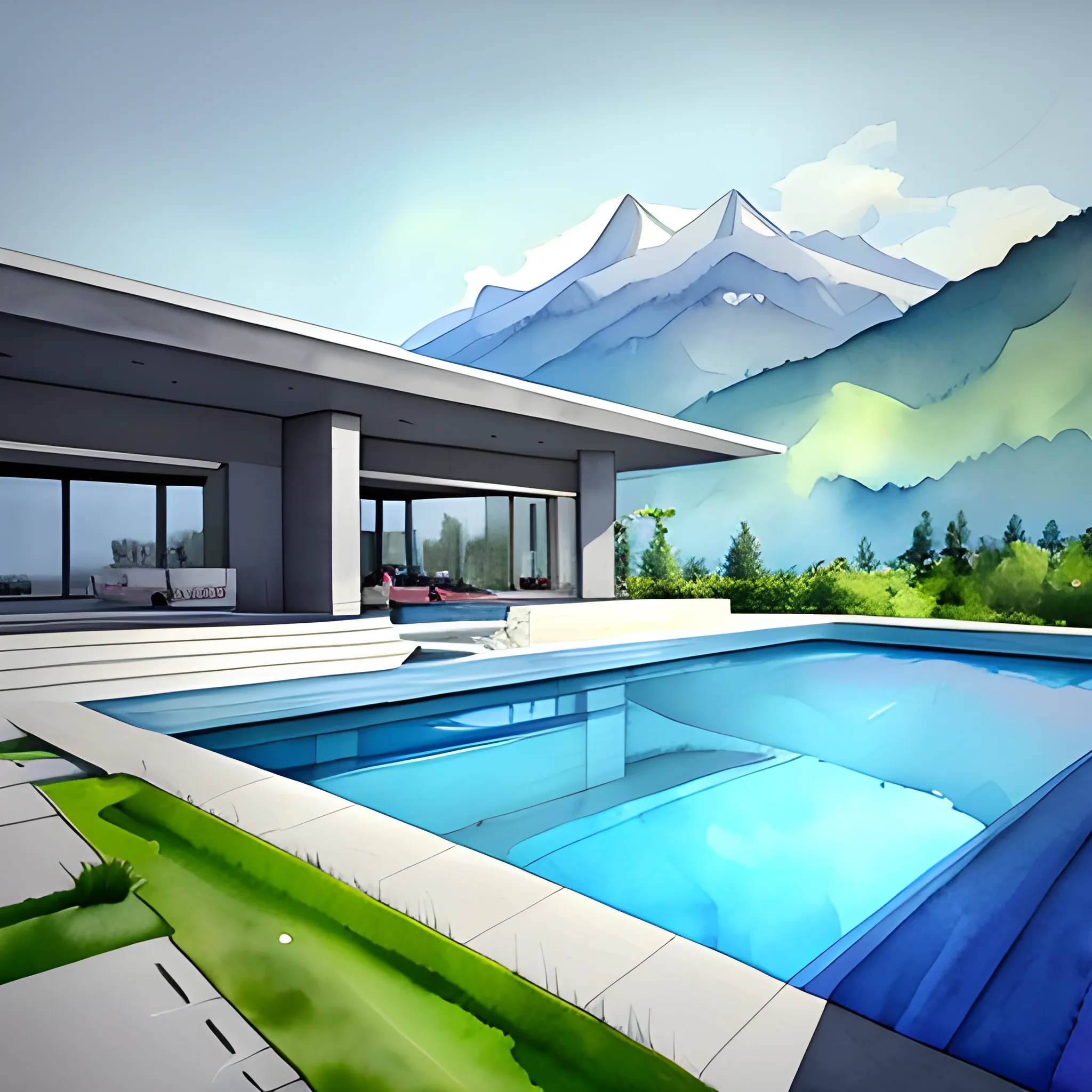 super modern house with pool and assomme view on mountains and plains summer watercolor by arti chauhan trending on artstation 