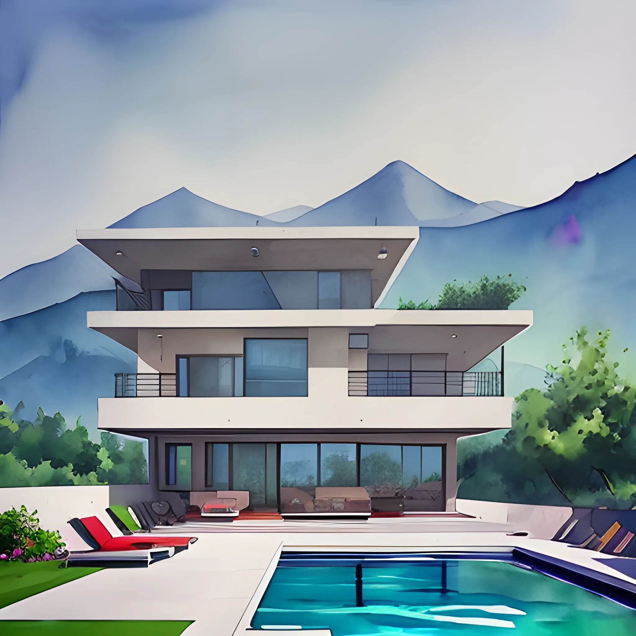 super modern house with pool and assomme view on mountains and plains summer watercolor by arti chauhan trending on artstation 