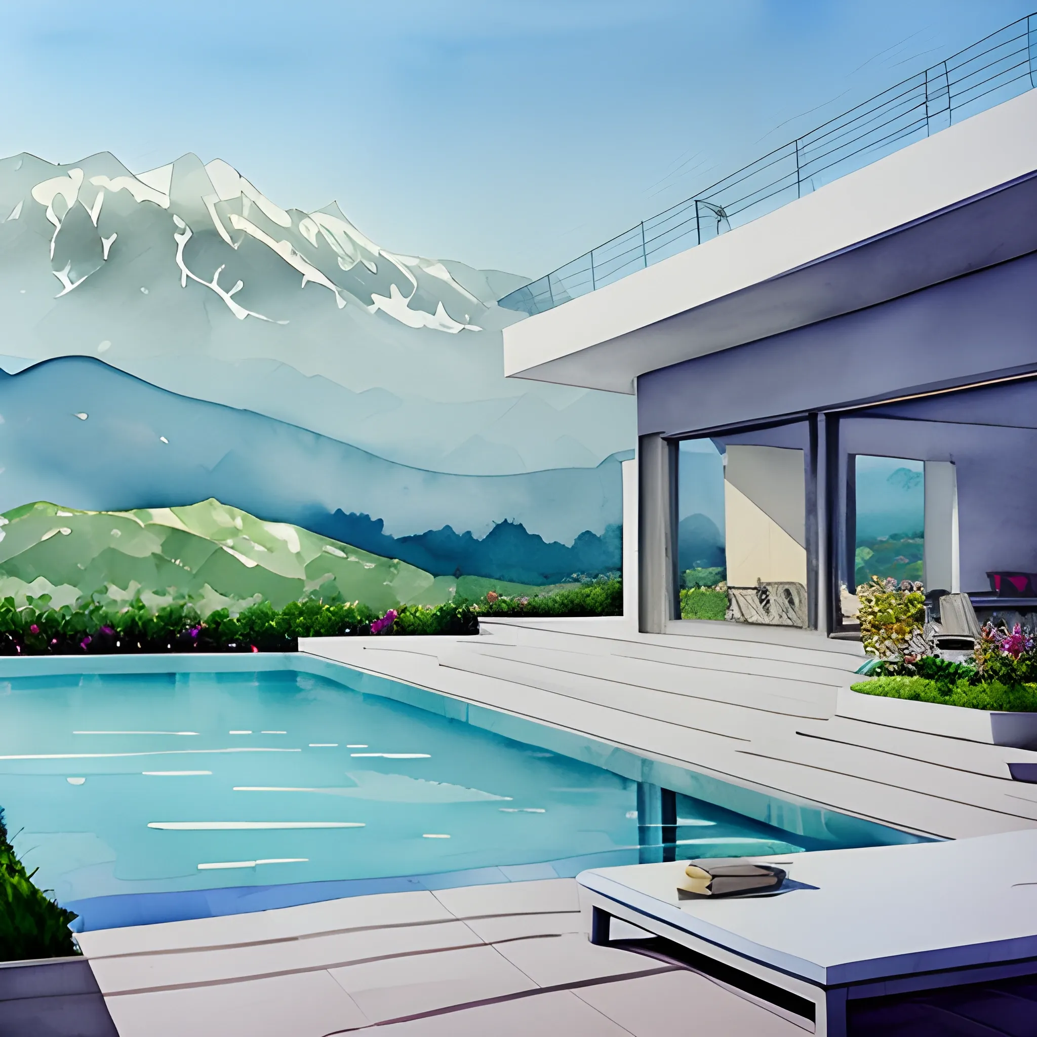 super modern house with pool and assomme view on mountains and plains. A couple enjoying life romantic summer watercolor by arti chauhan trending on artstation 