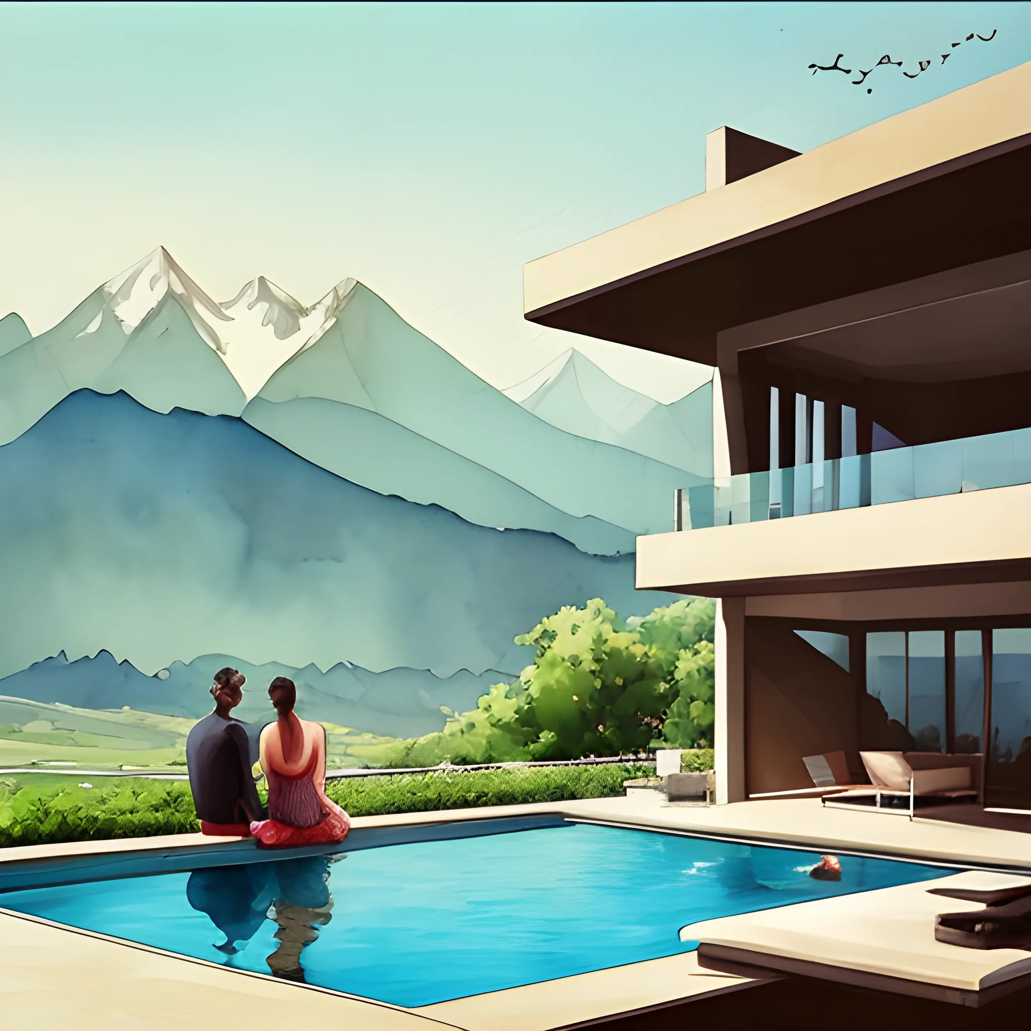 super modern house with pool and assomme view on mountains and plains. A couple, a aesthetic man and a beautiful brown hair women enjoying life romantic summer watercolor by arti chauhan trending on artstation 