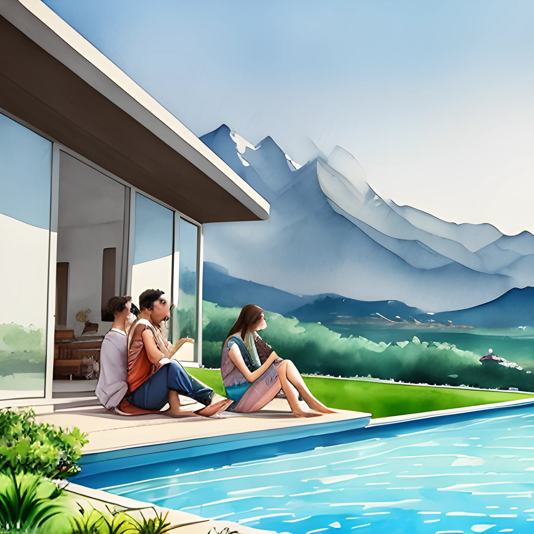 super modern house with pool and assomme view on mountains and plains. A couple, a aesthetic man and a beautiful brown hair women enjoying life romantic summer watercolor by arti chauhan trending on artstation 